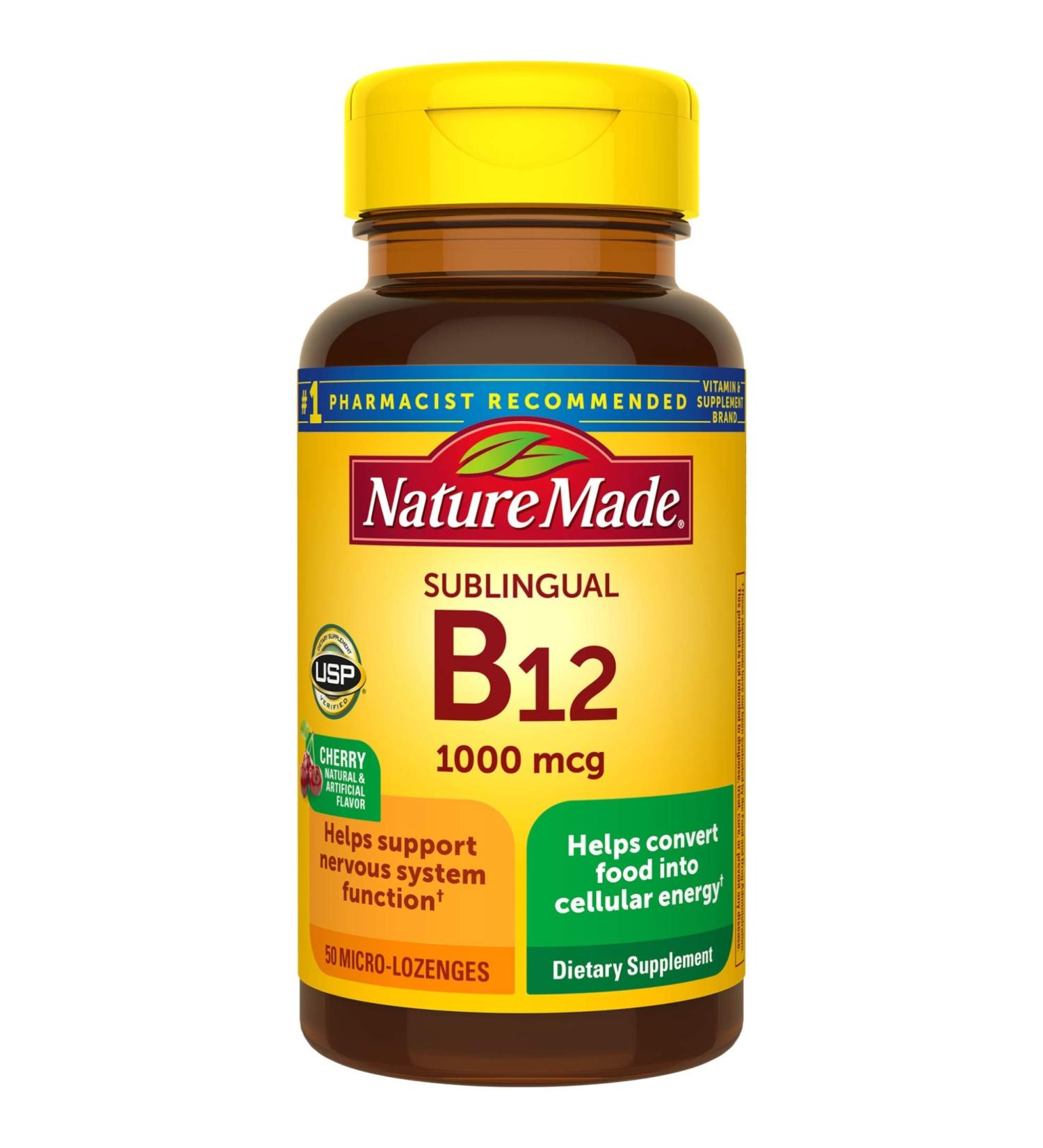 Nature Made B-12 Sublingual Cherry 1000 mcg - 50 Micro Lozenges | Energy & Immune Support - Buy Online on GoSupps.com