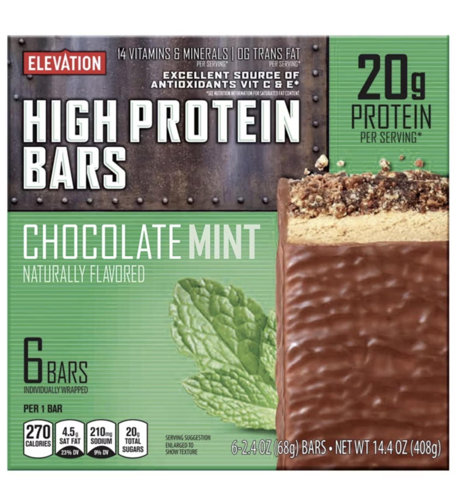 Generic ELEVATION Chocolate Mint High Protein Bars 6 count bars 14.4 oz. total 20 Grams Protein PER BAR!
