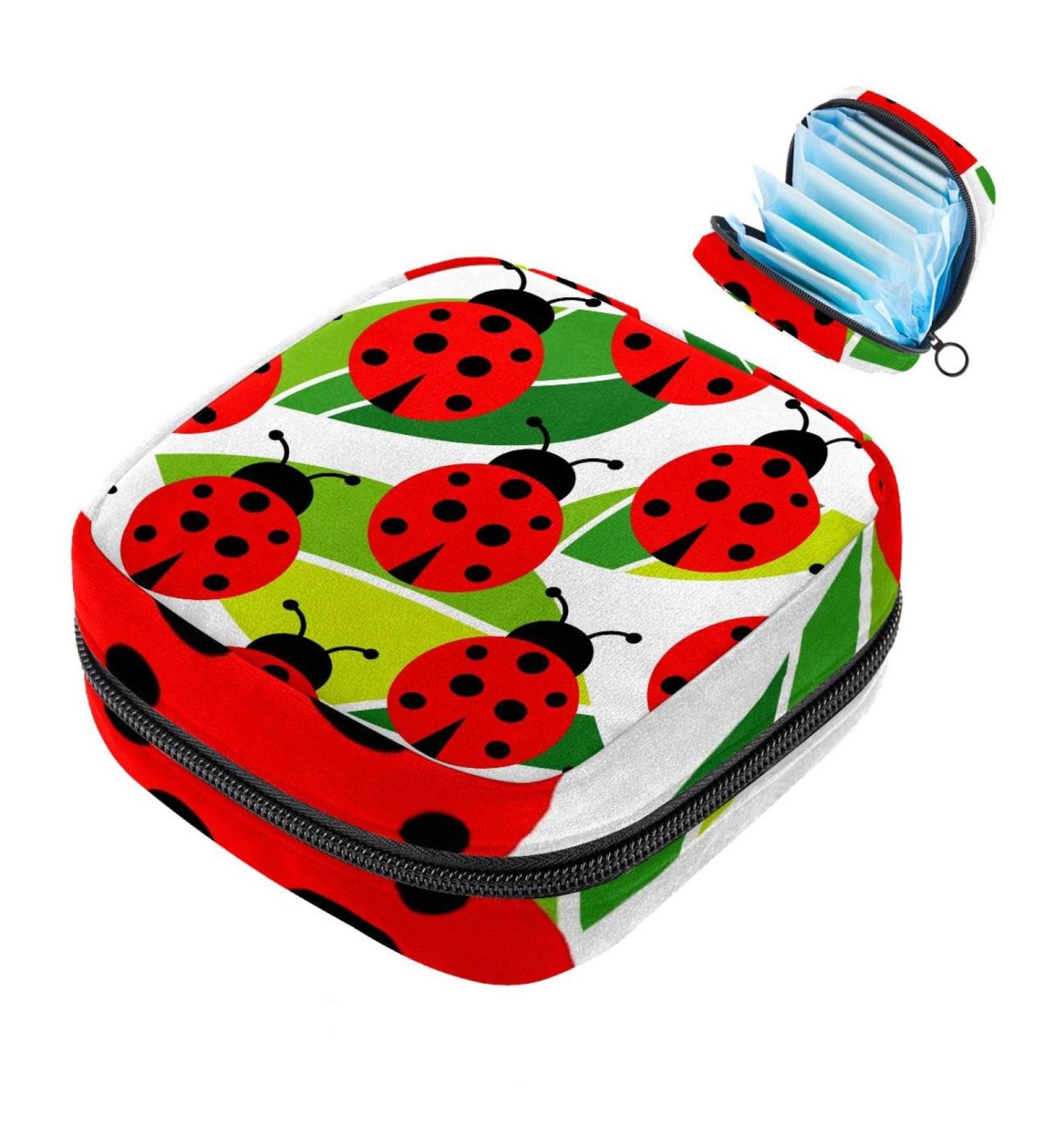 MUOOUM Menstrual Pad Bag Zipper Sanitary Napkin Pouch for Women and Girls - Ladybug on Green Leaves Design - Multi-colored - Buy Online on GoSupps.com