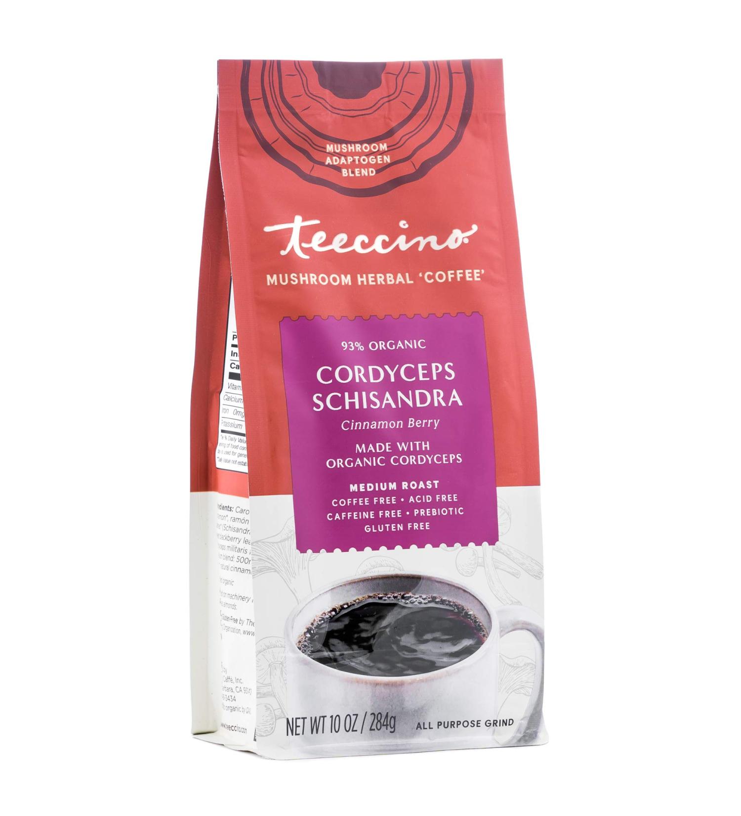 Teeccino Mushroom Herbal Coffee - Cordyceps & Schisandra, Caffeine-Free Medium Roast - 10 oz (284 g) - Buy Online on GoSupps.com