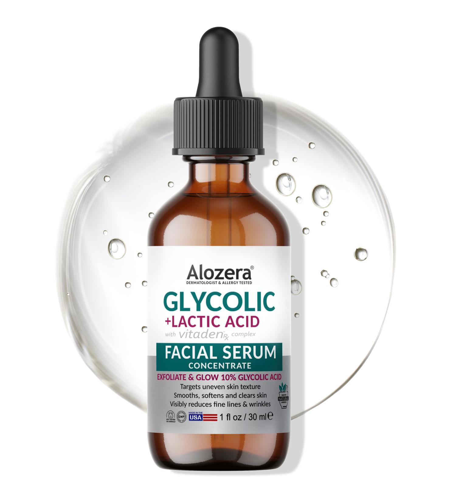 Alozera AHA Serum for Face with Glycolic Acid & Lactic Acid AHA Exfoliating & Pore-Refining Treatment for Smoother Renewed Skin Concentrated Yet Gentle & Effective Night Time Serum - Buy Online on GoSupps.com