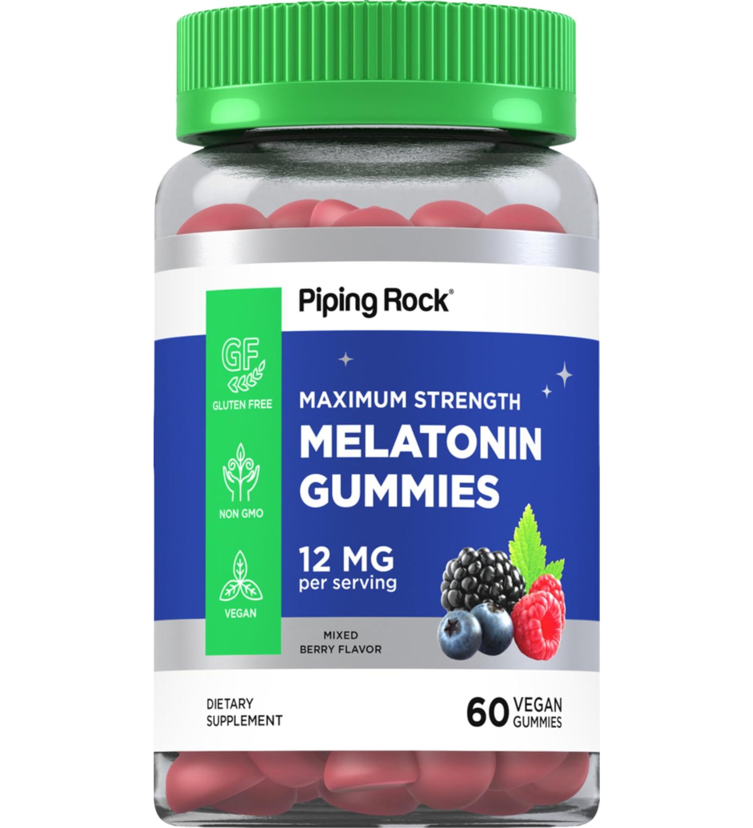 Piping Rock Melatonin Gummies 12mg | 60 Count | Maximum Strength | Berry Flavor | Vegan Non-GMO Gluten Free Supplement 60 Count (Pack of 1) - Buy Online on GoSupps.com