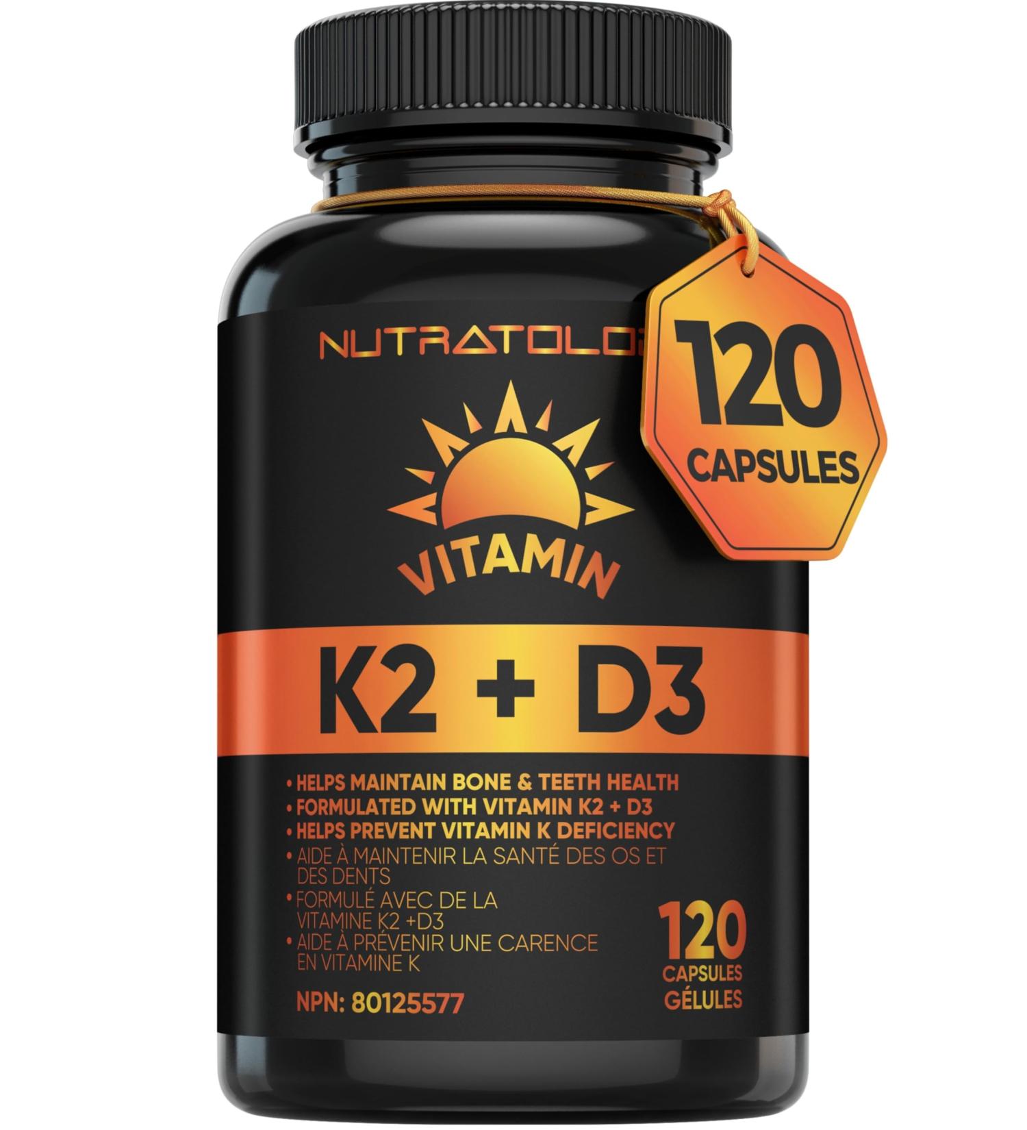 Vitamin K2 + D3 Highest Potency 120MCG/1000 IU - 120 Capsules - Helps Maintain Bone & Teeth Health - Formulated With MK-7 For Best Results - Immune System Support - Made In Canada 120 count (Pack of 1) - Buy Online on GoSupps.com
