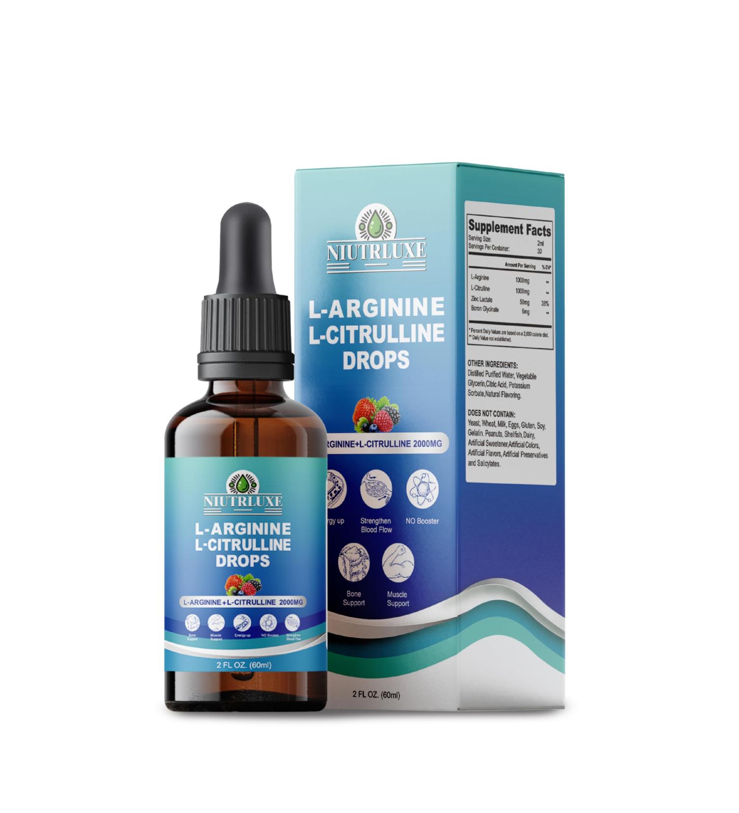 NIUTRLUXE L-Arginine L-Citrulline Drops Liquid L-Arginine for Men with Boron and Zinc High Absorption L-Arginine L-Citrulline Supplements Sublingual Liquid L-Arginine 1000 mg Vegan Non GMO 60ml - Buy Online on GoSupps.com
