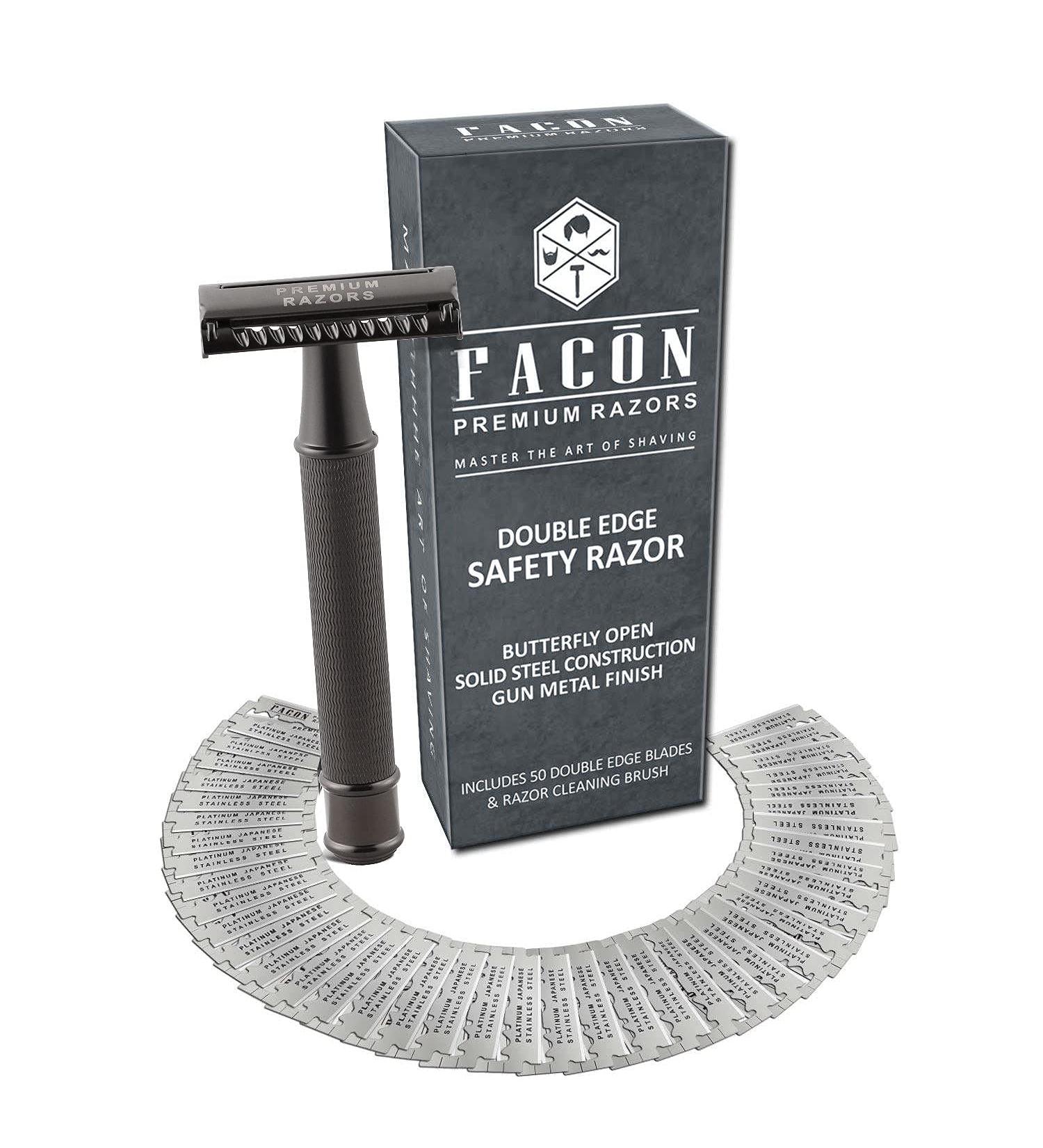 Fac n Vintage Long Handle Double Edge Safety Razor + 50 Platinum Japanese Stainless Steel Blades - Butterfly Open Shaving Razor for Smooth Wet Shaving - 200+ Shaves - Buy Online on GoSupps.com