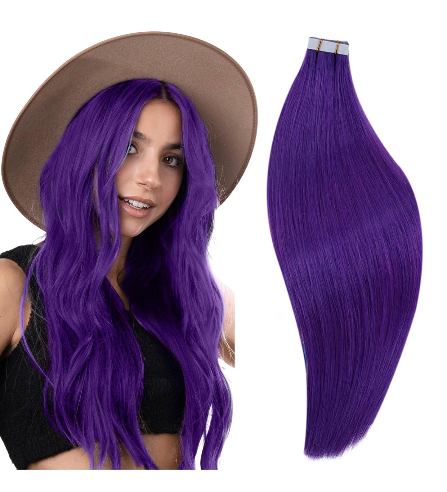 RUNATURE Colored Purple Tape in Hair Extensions 12 Inch - 20g Remy Human Hair Tape #Purple - Buy Online on GoSupps.com