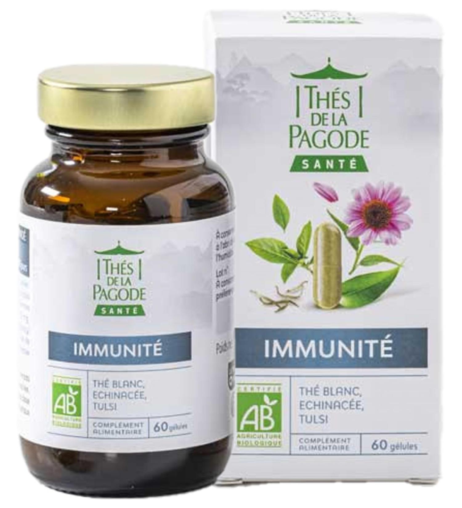 Teas from the Pagoda - Food Supplement Immunity - Fight against Fatigue - White Tea Tulsi Echinacea - 60 Certified Organic Vegetable Capsules 30 Day Program