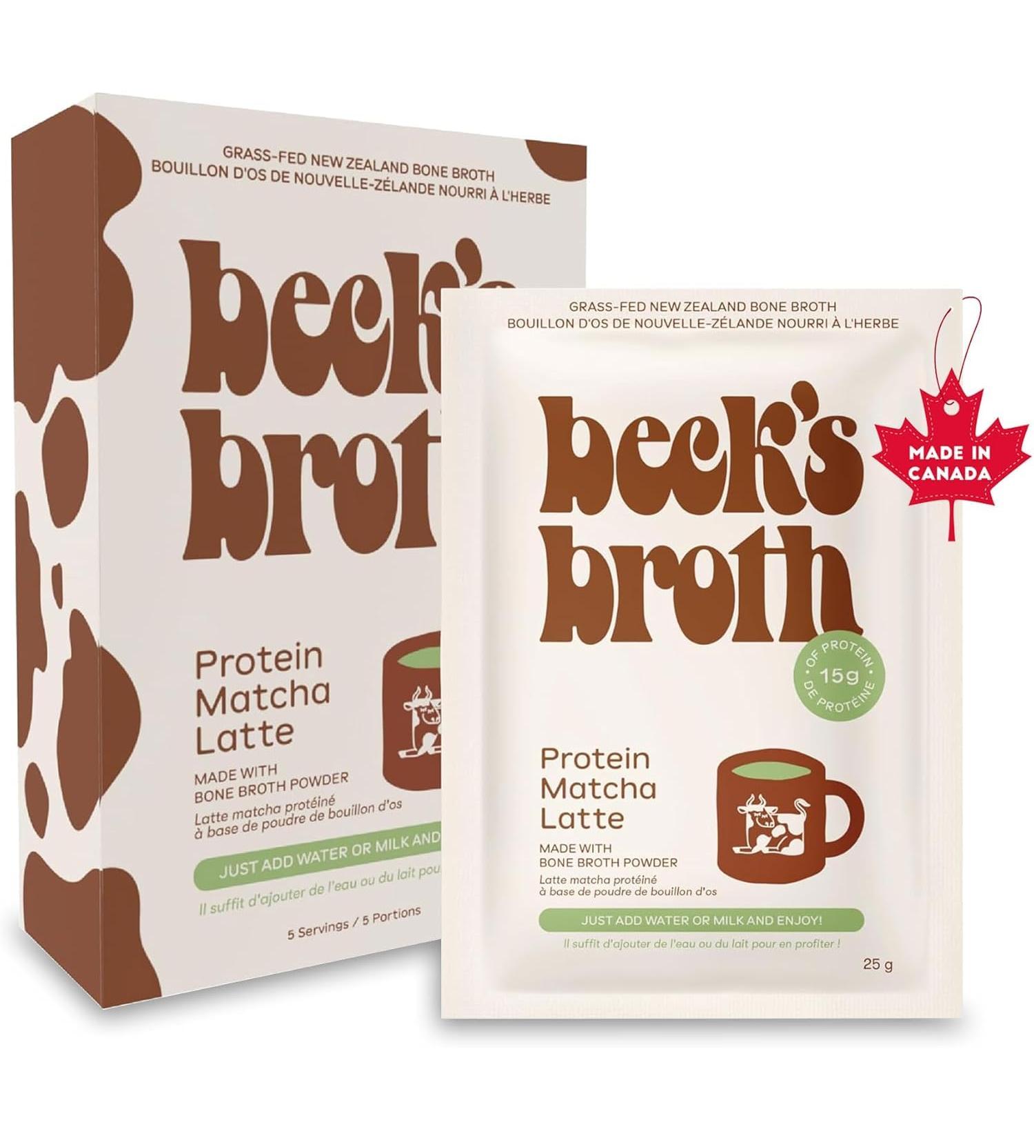 Beck's Broth Matcha Latte - Bone Broth Powder Sachets (5-Pack) | 15g of Protein Per Serving | All Natural Pasture Raised Beef Broth | Dairy Free Gluten Free | Organic Matcha Powder | Rich & Smooth - Buy Online on GoSupps.com