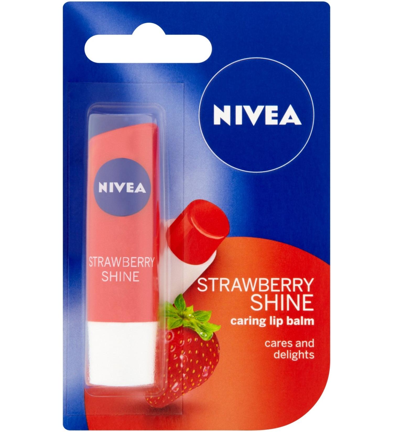 Nivea Shine Caring Lip Balm Strawberry - 4.8g Pack of 12 | Best Moisturizing Lip Care for Soft Smooth Lips | International Shipping Available - Buy Online on GoSupps.com