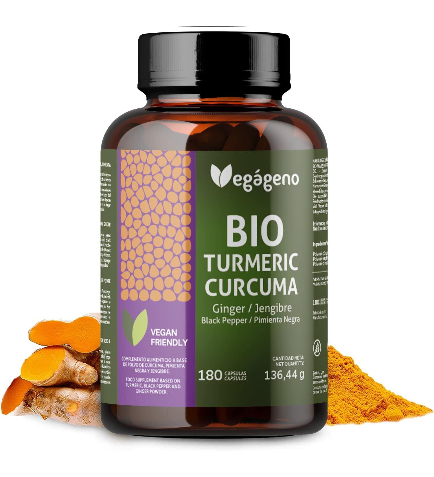 Organic Turmeric 180 Capsules with Ginger and Black Pepper Eco-Friendly High Concentration Maximum Absorbency No Additives Non-GMO Vegan - Buy Online on GoSupps.com