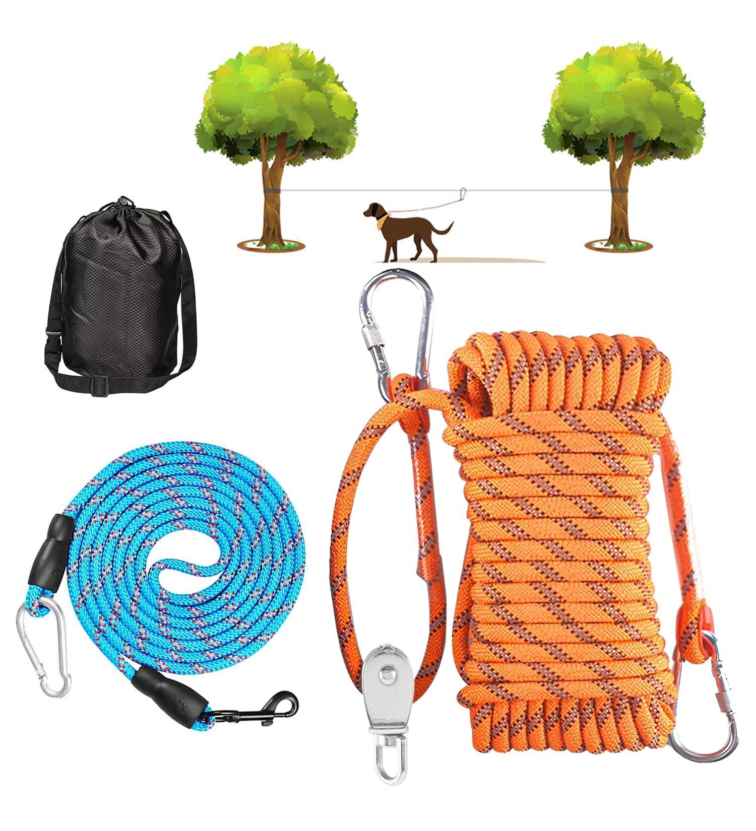 Dog Tie Out Cable -OZHOMY 75ft Portable Dog Run Trolley System with 10FT Runner Lead Reflective Dog Lead for Yard Camping Parks Outdoor for Large Medium Dogs up to 300lbs (Orange & Blue) 75ft with 10ft Runner Lead Orange - Buy Online on GoSupps.com