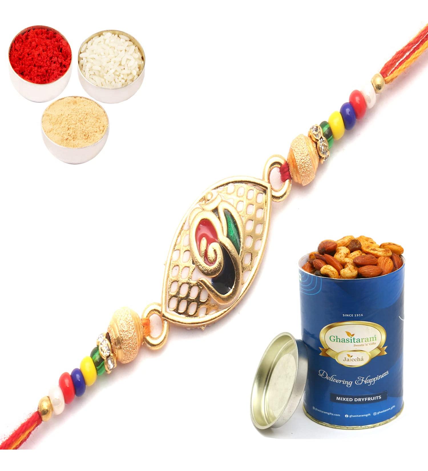 Ghasitaram Gifts Rakhi for Brother Rakhis Online - The Divine Colourful Blessings of Om Rakhi with 100 GMS of Dryfruits Mix Can Rakhi Set with 100 gms of Dryfruits Mix Can - Buy Online on GoSupps.com