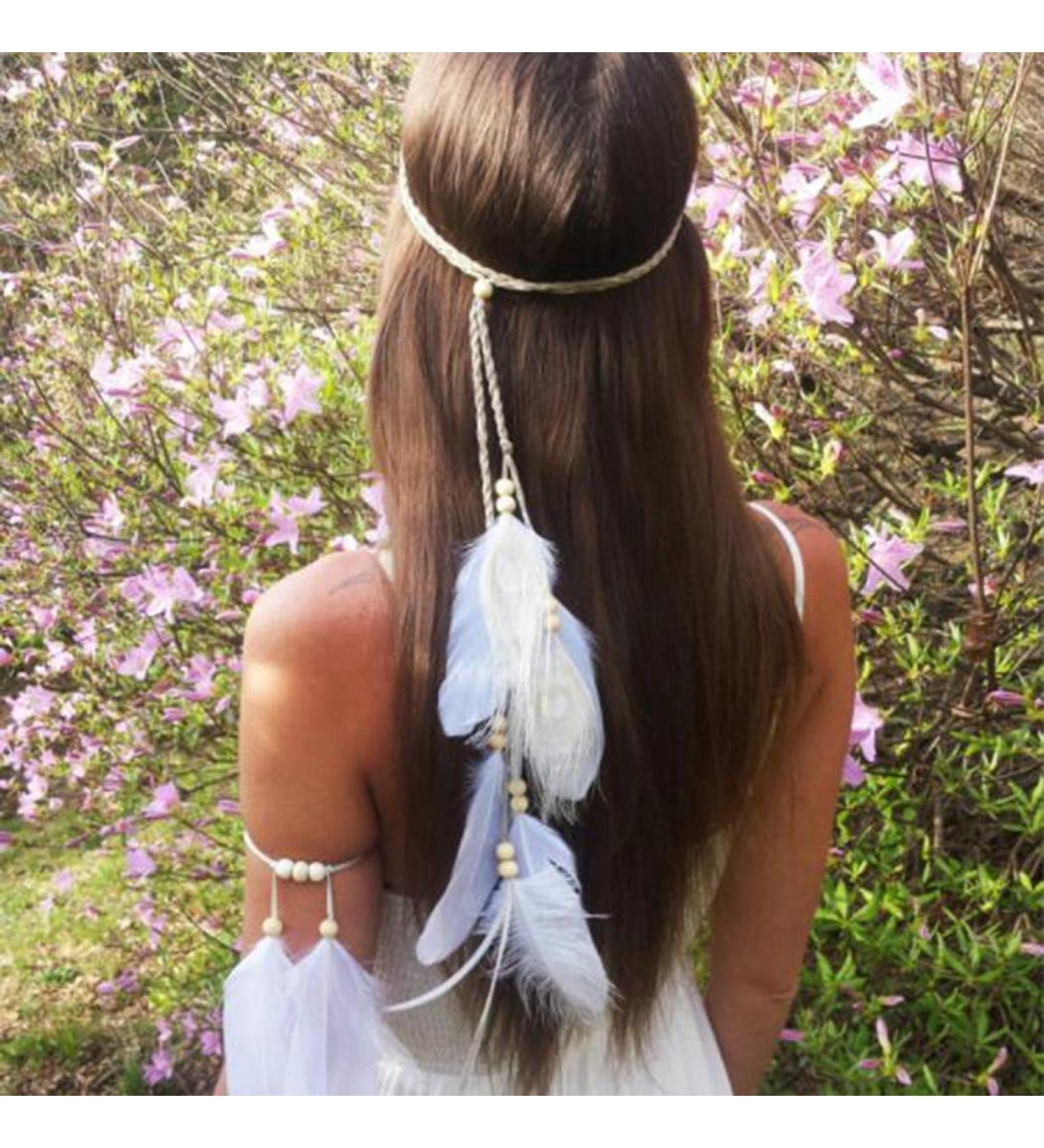 Yean Boho Feather Headband Indian Hippie Headpiece White Feather Head Chain Beads Hair Band Headdress Accessories for Masquerade Halloween Costume Parties - Buy Online on GoSupps.com
