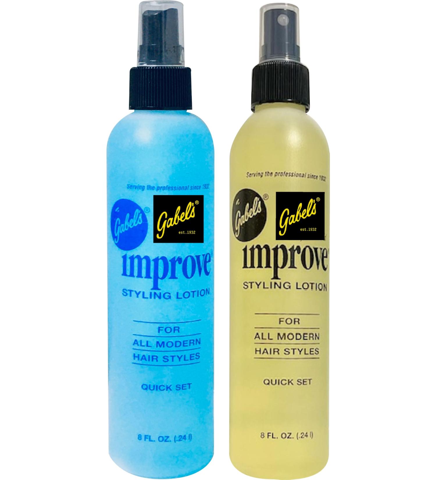 Improve Gabel s Styling Lotion Hair Spray Quick Set 8oz - Blue(1) Light Yellow(1). Pack of 2. Authentic Gabel's Manufacturer Direct Blue 8oz Yellow 8oz
