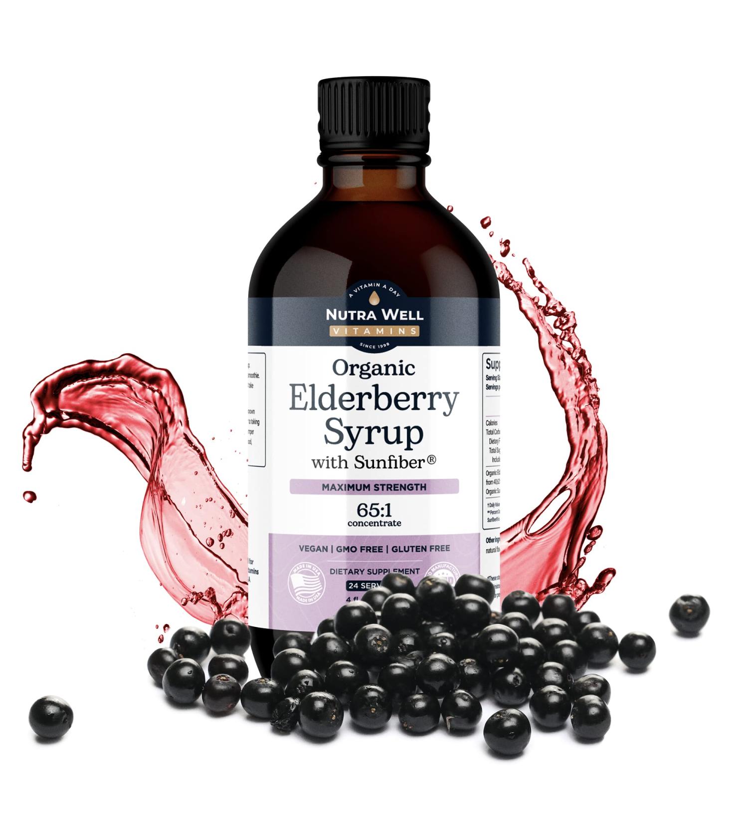 Organic Elderberry Syrup with Sunfiber by Nutra Well Vitamins - Immune System Support for Adults & Kids - 4oz (120ml) - Buy Online on GoSupps.com