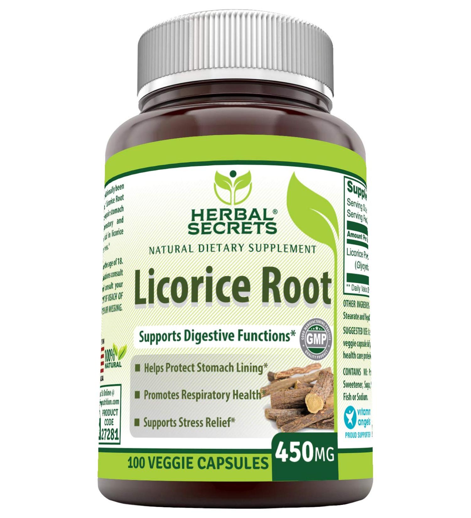 Herbal Secrets Licorice Root 450mg - 100 Veg Capsules | Natural Support for Digestive Health - Buy Online on GoSupps.com