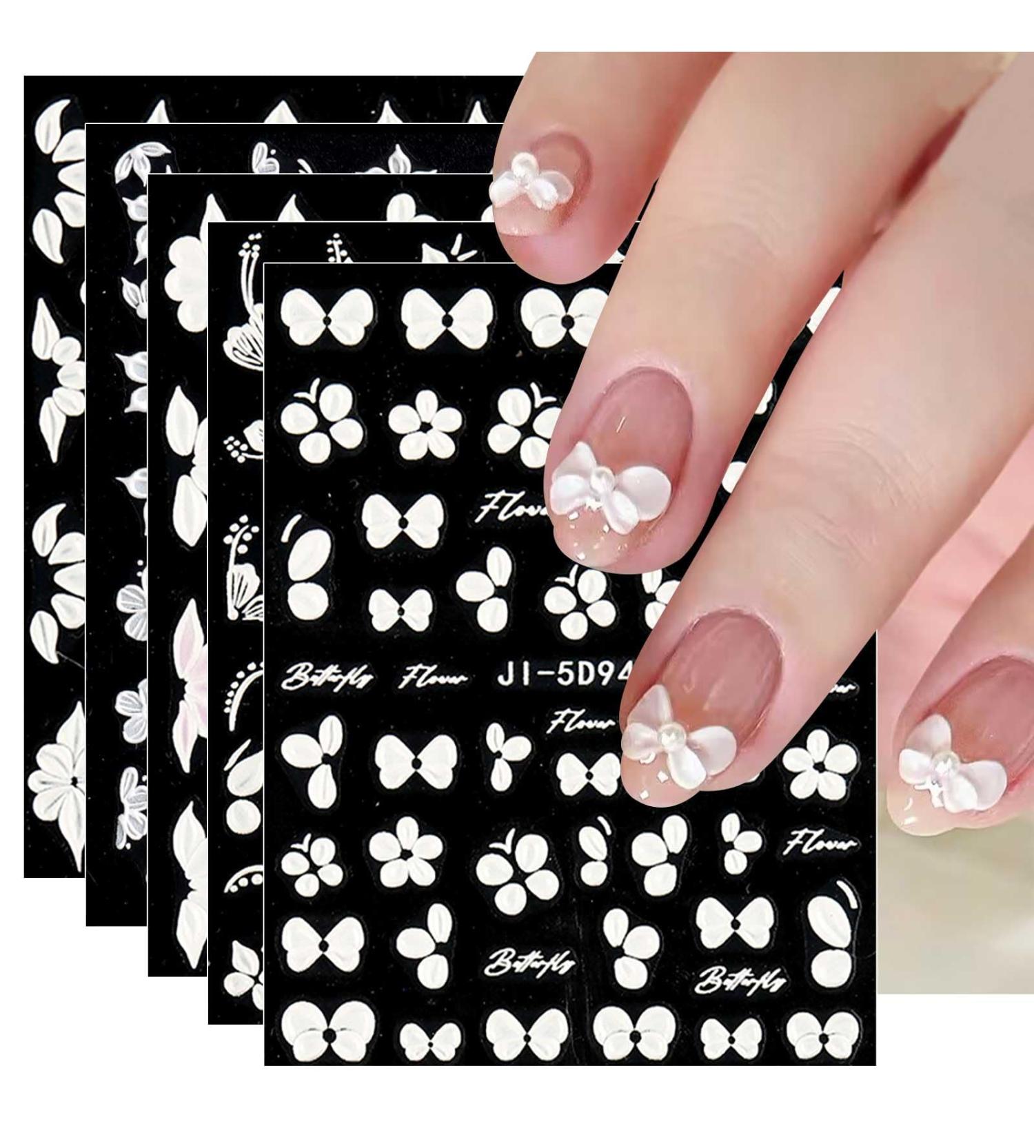 JMEOWIO 6 Sheets 3D Embossed Flower Butterfly Nail Art Stickers Decals Self-Adhesive 5D Spring White Floral Nail Supplies Nail Art Design Decoration Accessories - Buy Online on GoSupps.com