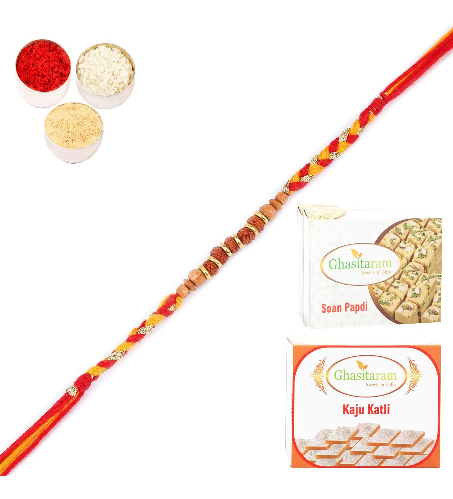 Ghasitaram Gifts Rakhi for Brother Rakhis Online - LD-5215 Rudraksh Rakhi with 200 GMS of Kaju katli and 200 GMS of Soan Papdi Rakhi with 200 GMS of Kaju katli and Soan Papdi - Buy Online on GoSupps.com