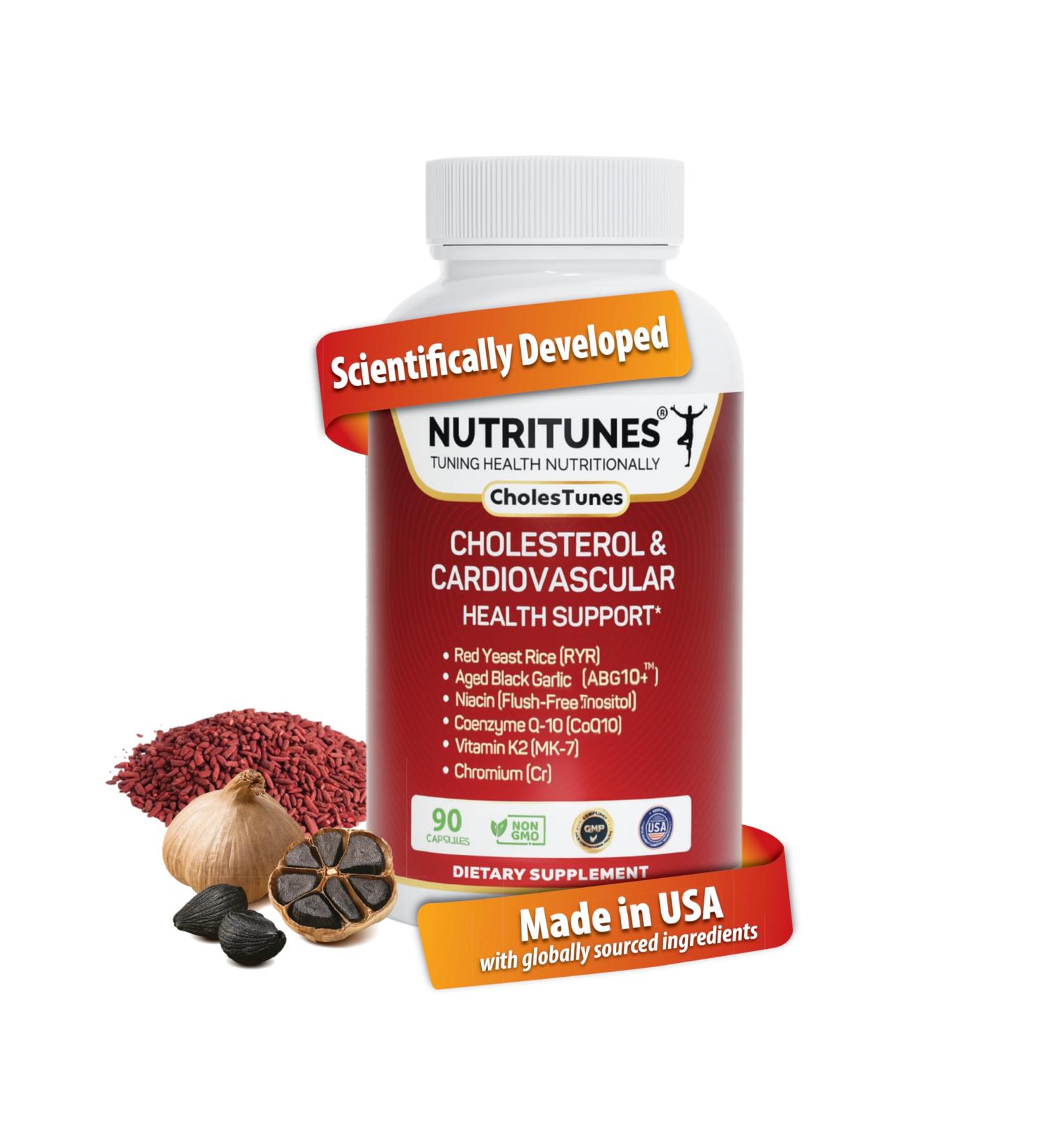 Nutritunes Cholesterol Support Supplement-Red Yeast Rice Aged Black Garlic & CoQ10 Advanced Cardiovascular & Heart Health Support with Niacin Chromium & Vitamin K2 90 CholesTunes Capsules - Buy Online on GoSupps.com