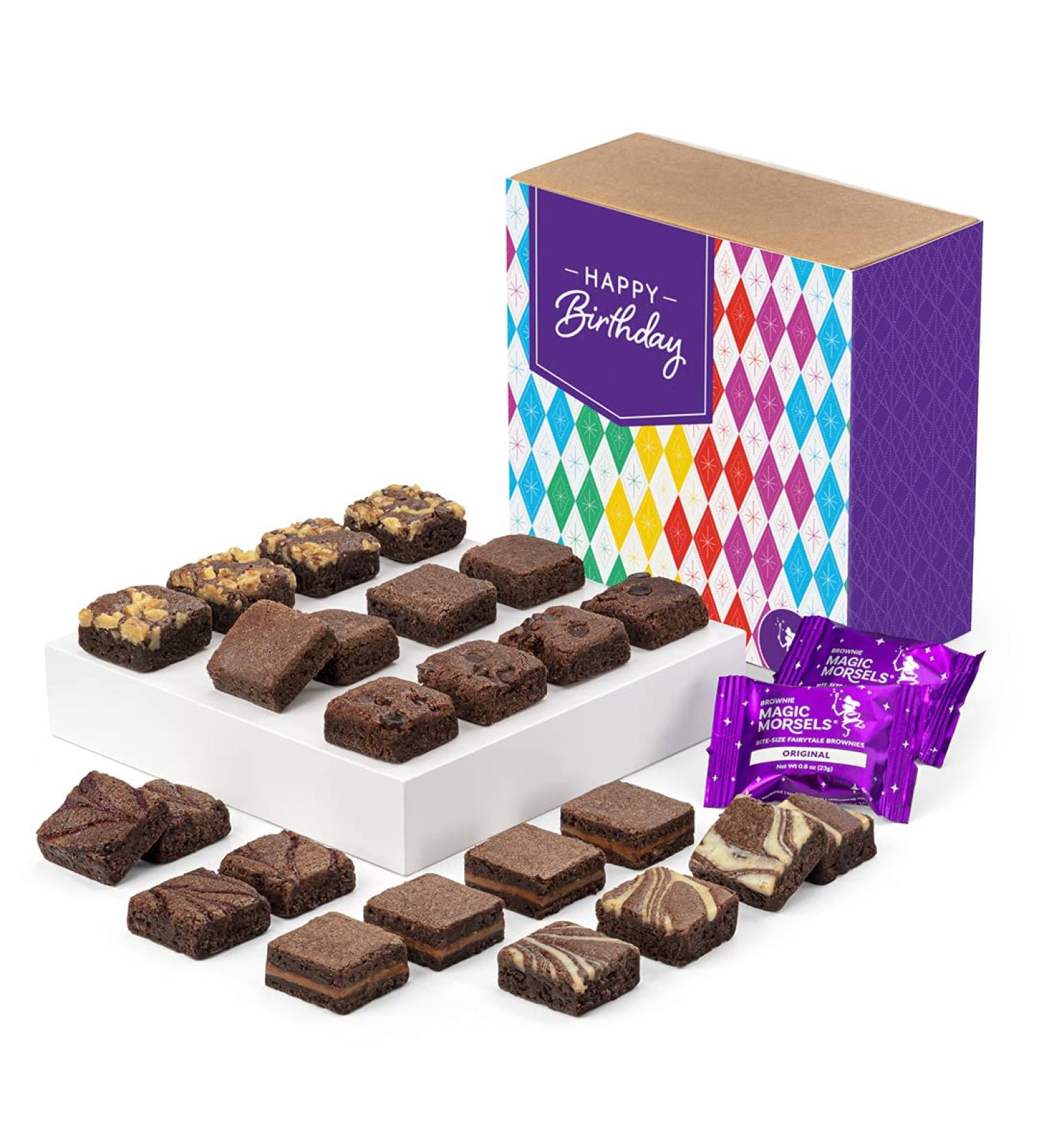 Fairytale Brownies Birthday Magic Morsel 24 Individually Wrapped Gourmet Chocolate Food Gift Basket - 1.5 Inch x 1.5 Inch Bite-Size Brownies - 24 Pieces - Item CB424 24 Piece Assortment - Buy Online on GoSupps.com