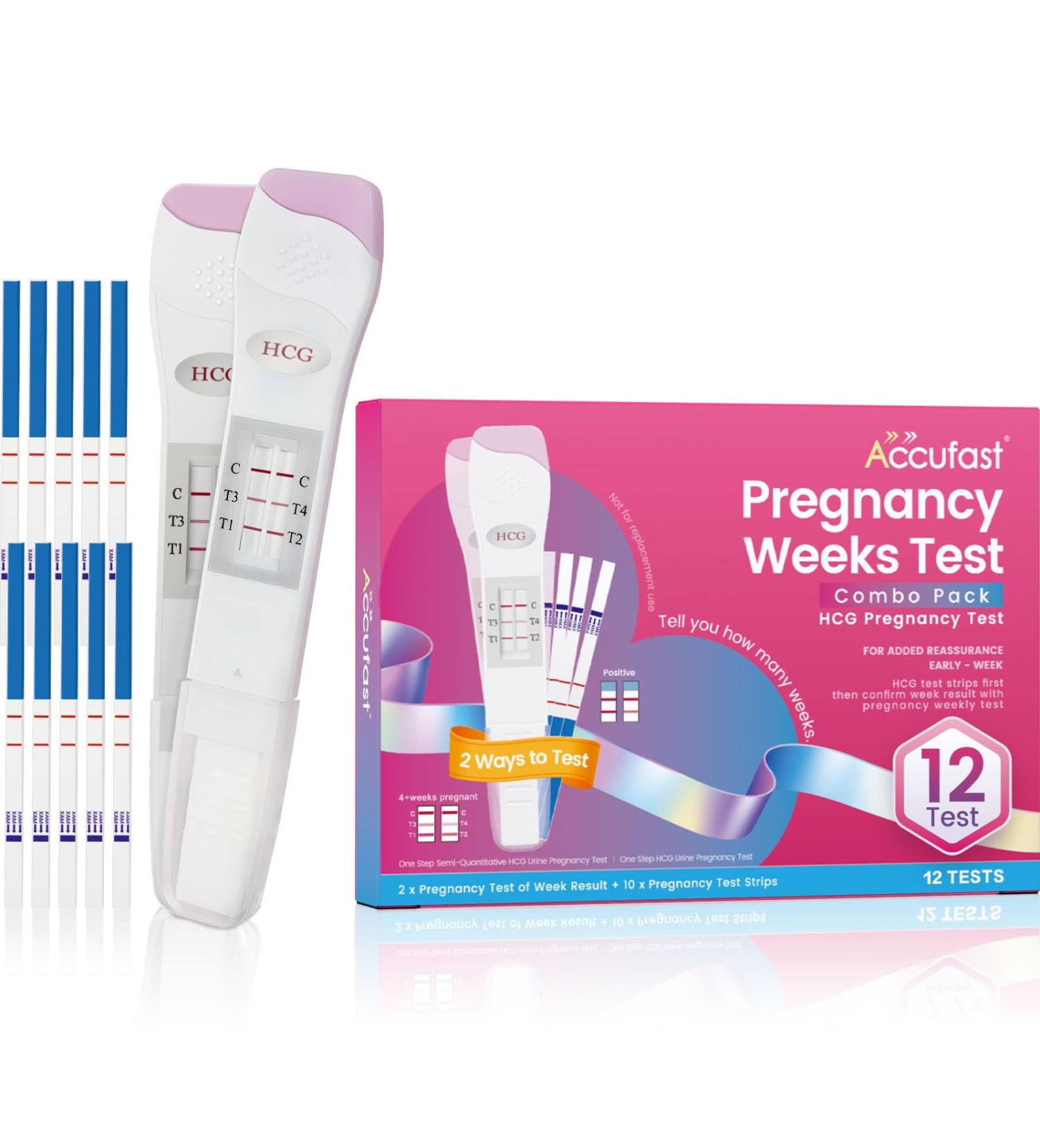 Accufast Pregnancy Test Kombipack - 12 Tests (2 Weekly Test Sticks & 10 Test Strips) with Urine Cups - HCG Detection - Accurate Weekly Pregnancy Determination German Manual  - Buy Online on GoSupps.com
