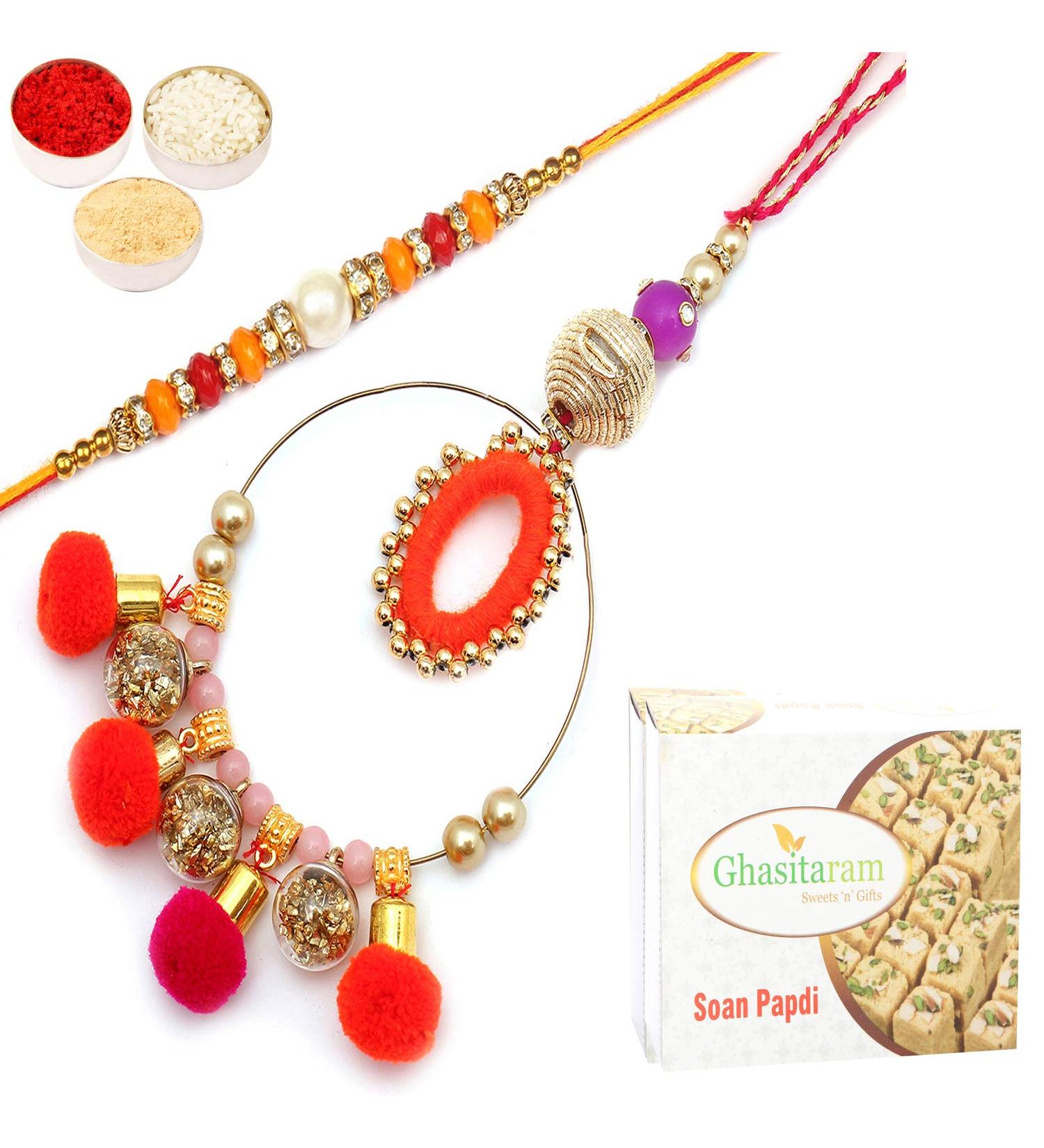 Ghasitaram Gifts Rakhis Online- The Era rm082 Bhaiya Bhabhi Rakhi with 400 GMS of Soan Papdi Rakhi Set with 400 gms of Soan Papdi - Buy Online on GoSupps.com