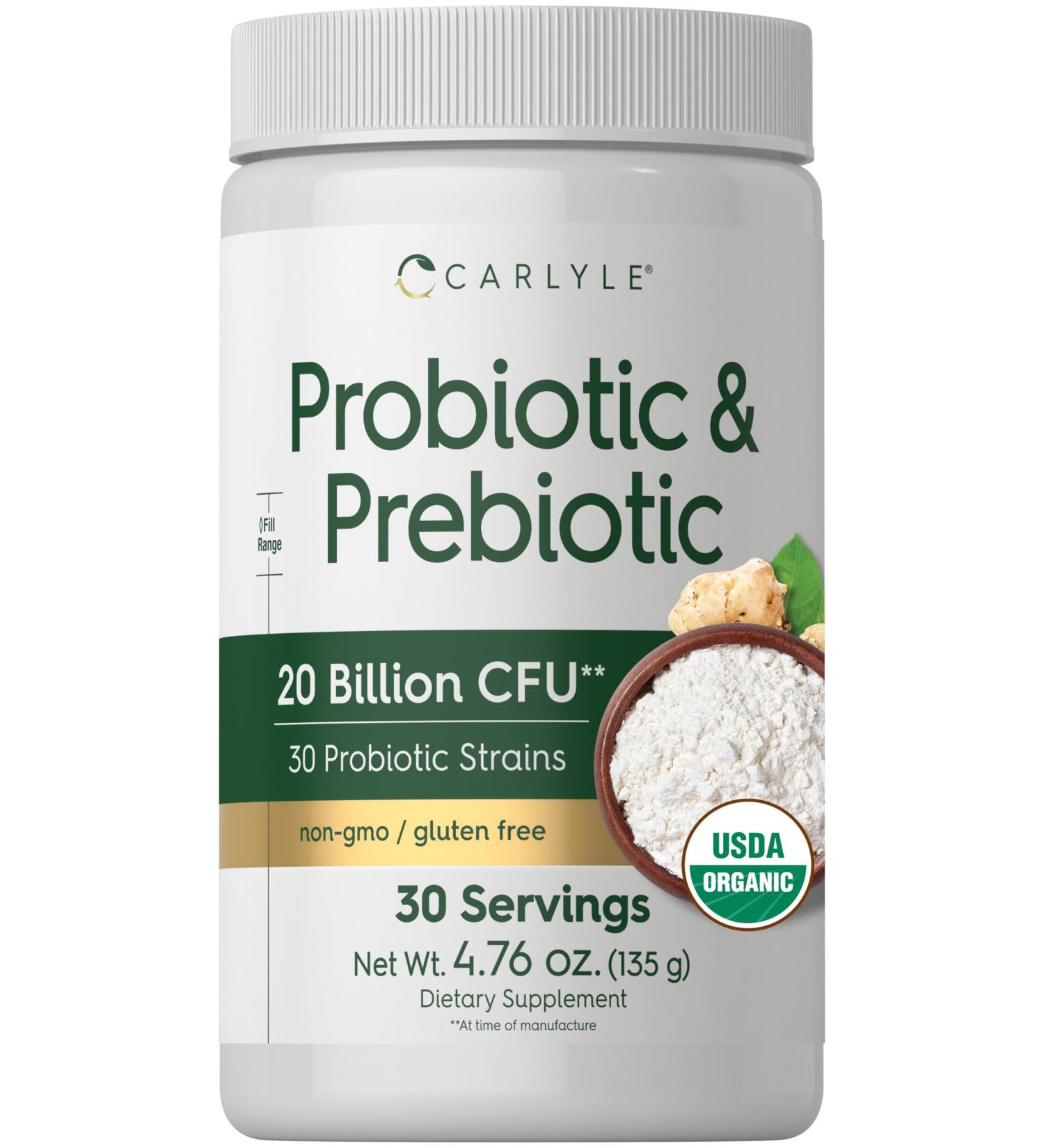 Carlyle Probiotic and Prebiotic Powder | 20 Billion CFU | 4.76 oz | Organic Fiber Blend | for Women and Men | Vegetarian Non-GMO Gluten Free Supplement - Buy Online on GoSupps.com