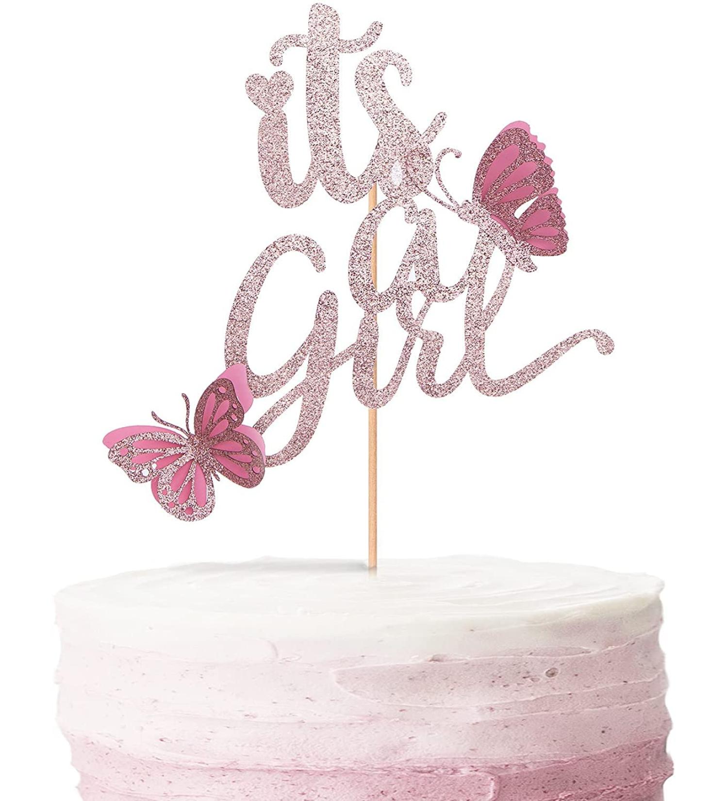 Double Sided Rose Gold 'It's A Girl' with Butterfly Cake Topper - Pink Baby Shower Decor - Buy Online on GoSupps.com
