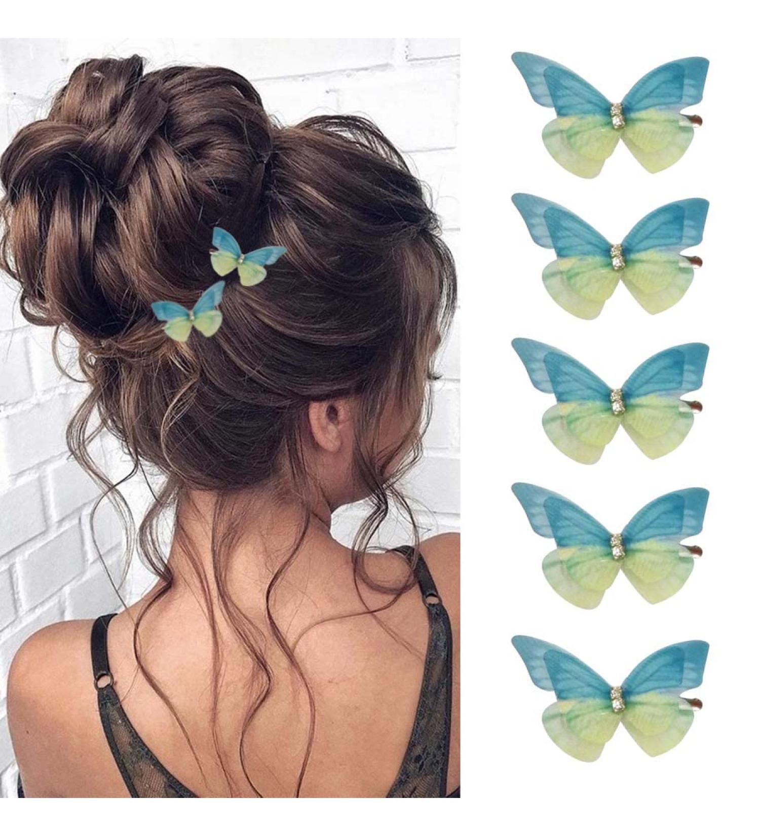 Handmade Realistic 3D Green Butterfly Hair Clips - Set of 5 Blue Hair Pins for Women and Girls | Wedding Decorative Hair Accessories - Buy Online on GoSupps.com