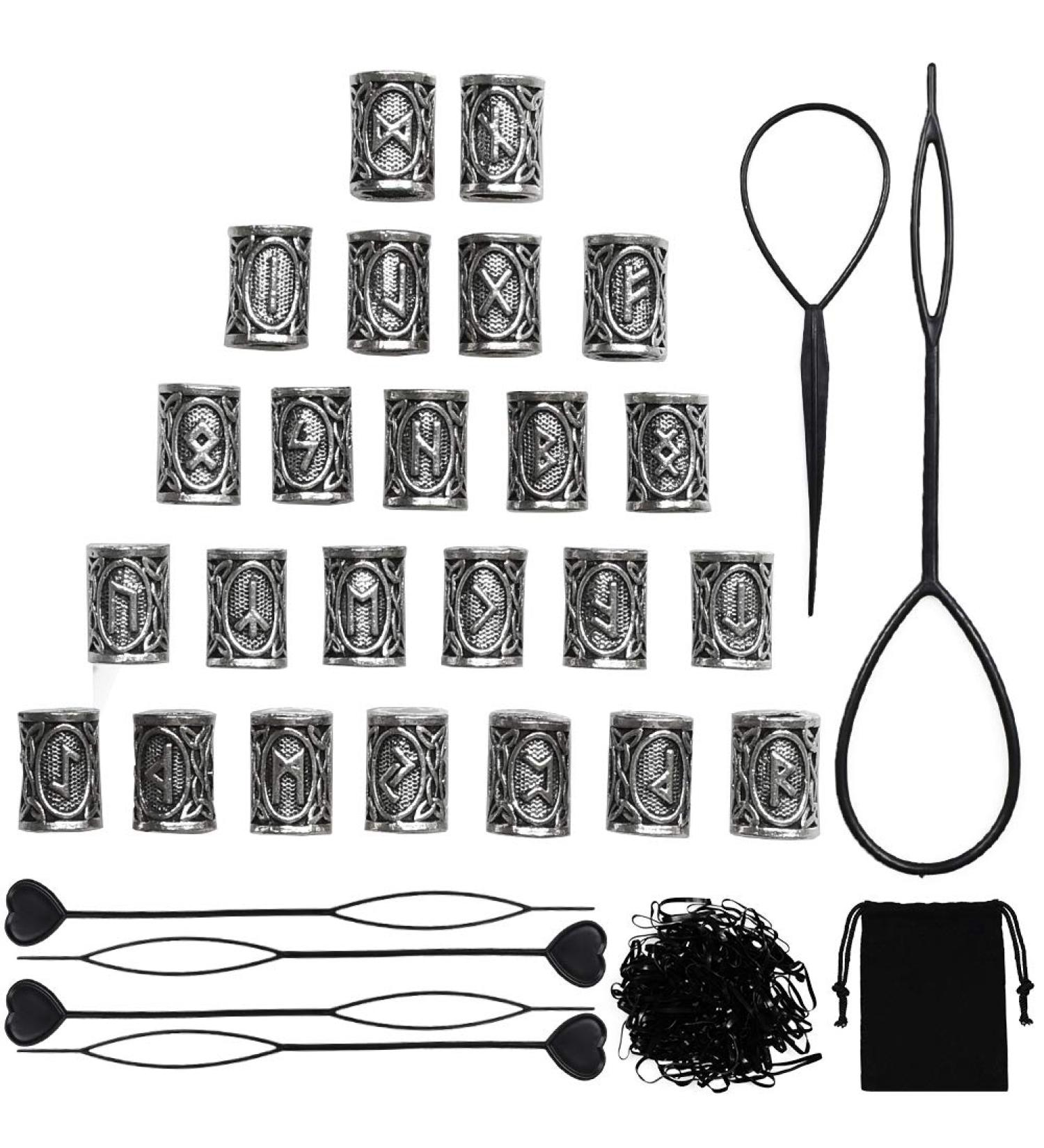 Viking Hair Accessories Set: 24 Hair & Beard Beads, 6 Pull Hair Pins, 100 Rubber Bands - Black, with Storage Bag - Buy Online on GoSupps.com