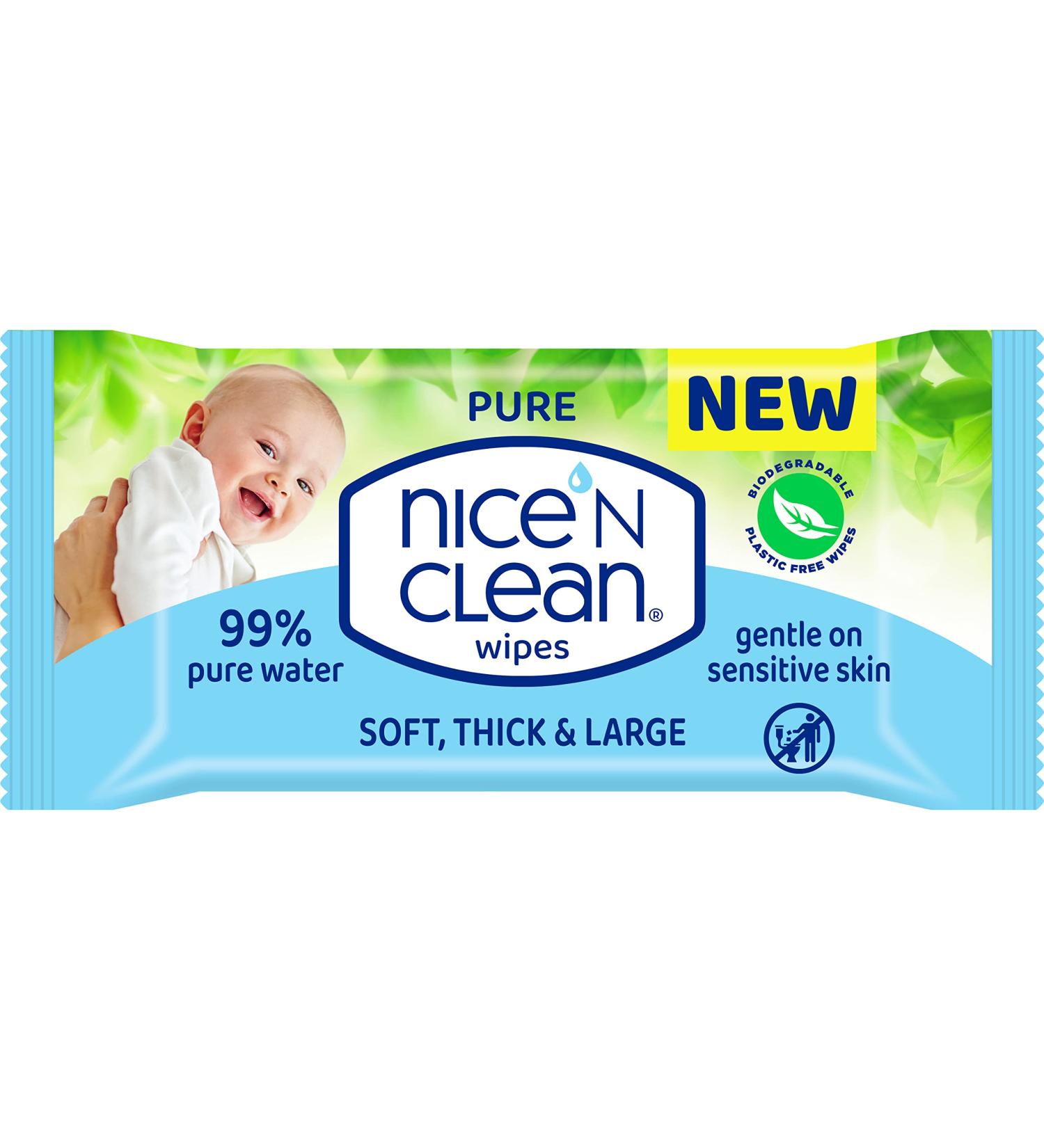 Nice 'N CLEAN Pure Baby Wipes - 60 Count Biodegradable Wet Wipes - 99% Water, Fragrance-Free - Buy Online on GoSupps.com