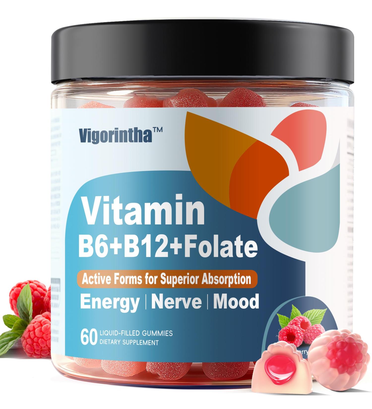 Vigorintha Methylated Vitamin B6 B12 & Folate Gummies Vitamin B6 Supplement with Methylated B12& L-Methylfolate for Energy Brain & Nerve Sugar Free Vegan 60 Gummies. - Buy Online on GoSupps.com