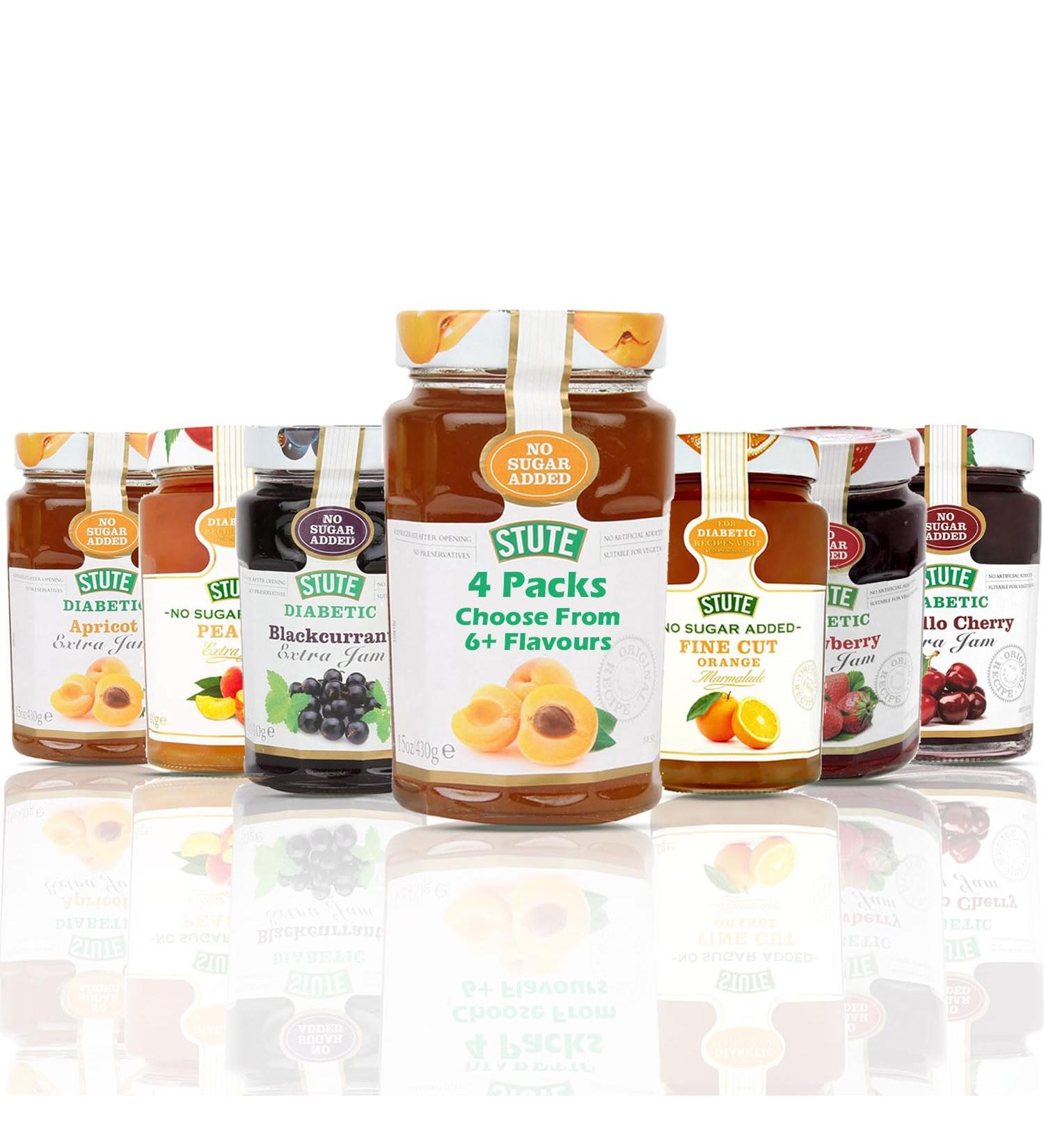 Stute Jam Selection - Handpick Your Favourite Flavours | Low Sugar High Taste | Apricot Blackcurrant Morello Cherry | Diabetic-Friendly Jams for Healthier Treat | 4 Pack - 430g Each - Buy Online on GoSupps.com