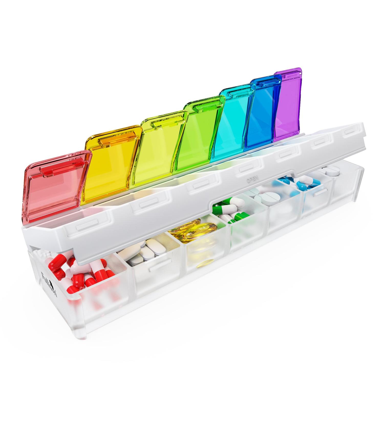 Shop Fullicon Weekly Pill Organizer - 7 Day Spill Proof Large Pill Box | Travel Medicine Organizer for Vitamins & Supplements (Rainbow Clear) - Fast International Shipping - Buy Online on GoSupps.com