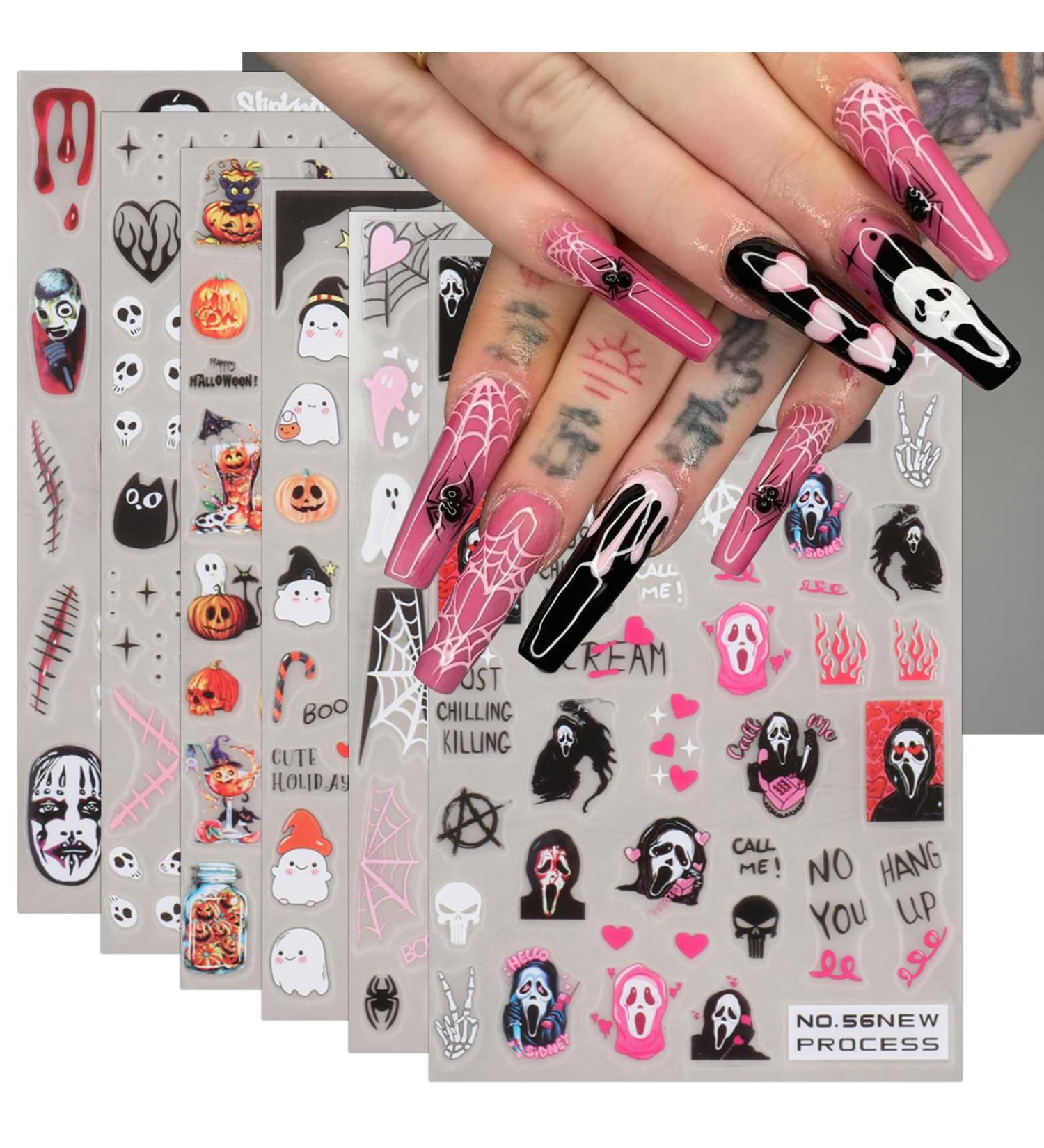 Halloween Nail Stickers 6 Sheets Self-Adhesive Nail Decal Ghost Skull Witch Spider Nail Art Decoration Design Supplies - Buy Online on GoSupps.com