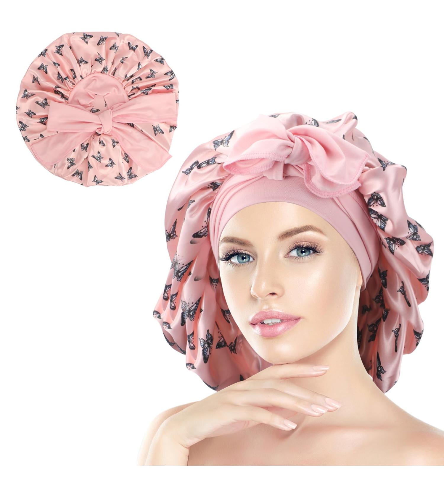 Arqumi Satin Sleeping Bonnet - Large Adjustable Pink Satin Sleep Cap with Butterfly Pattern - Buy Online on GoSupps.com