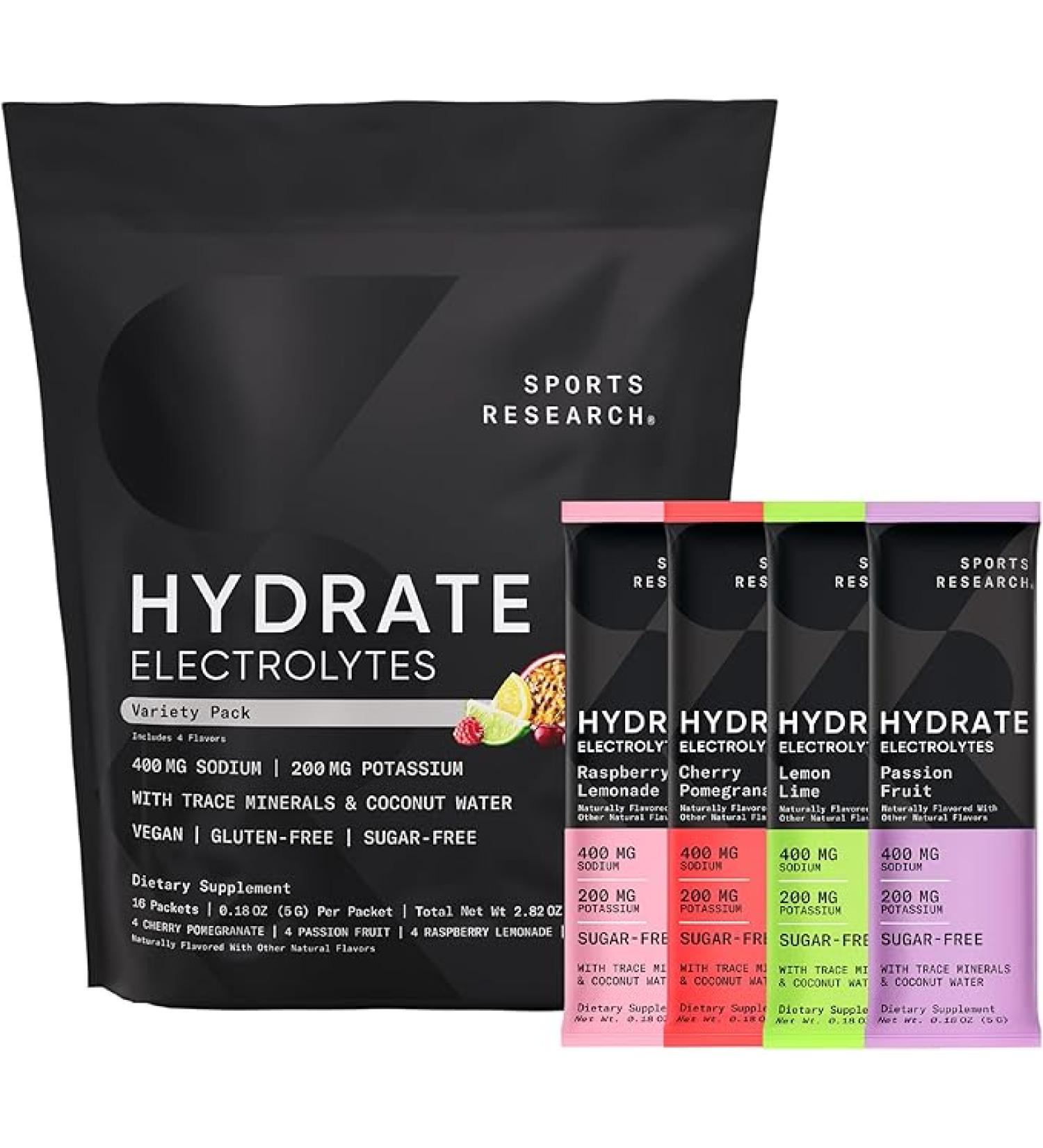 Sports Research Hydrate Electrolytes Powder - Sugar-Free Naturally Flavored Enhanced with Vitamins & Coconut Water - 16 Pack Variety Pack for Optimal Hydration - Buy Online on GoSupps.com