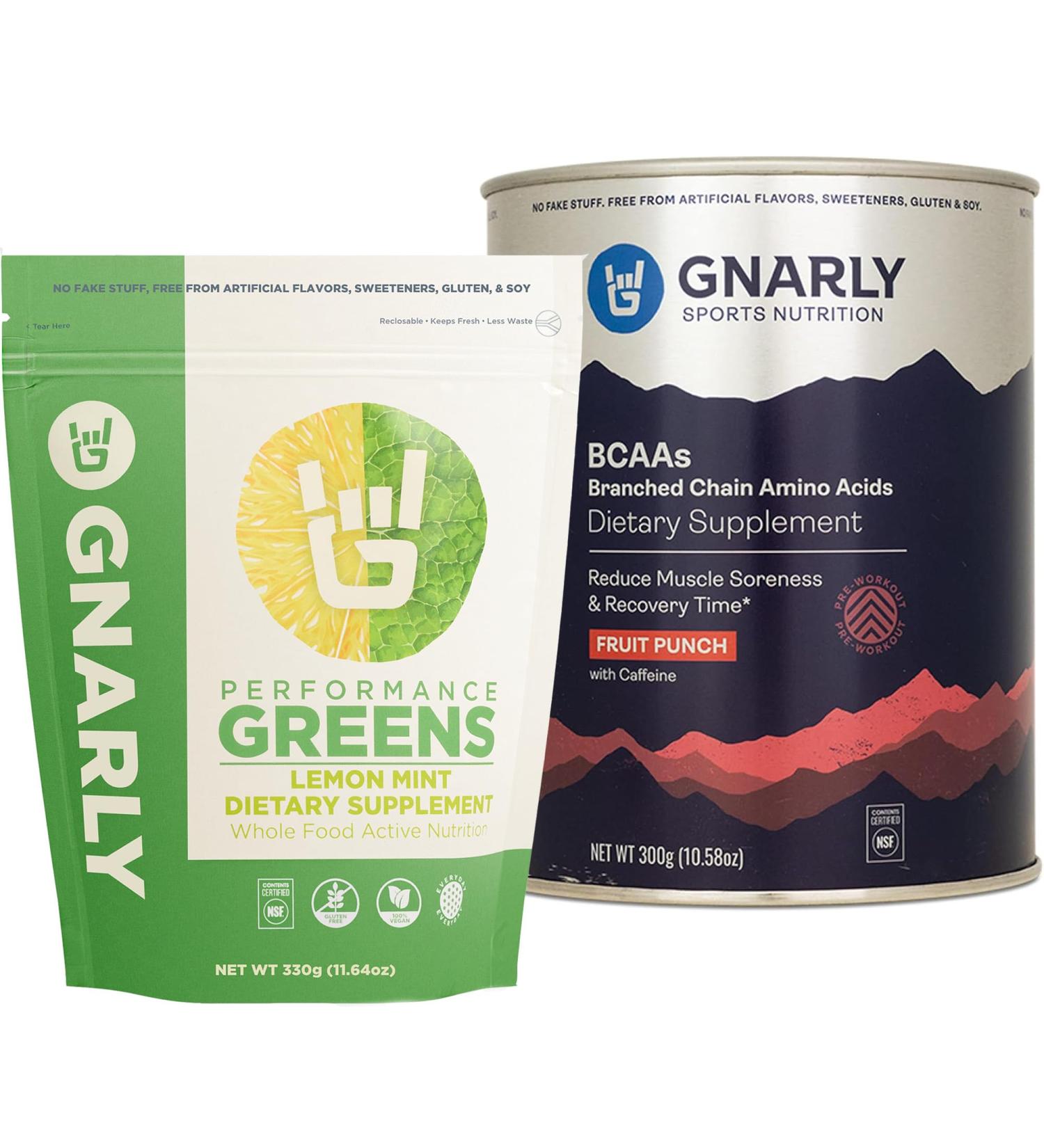 Gnarly Nutrition BCAAs Fruit Punch (10.58oz) Performance Greens Lemon Mint (11.64 oz) - Buy Online on GoSupps.com