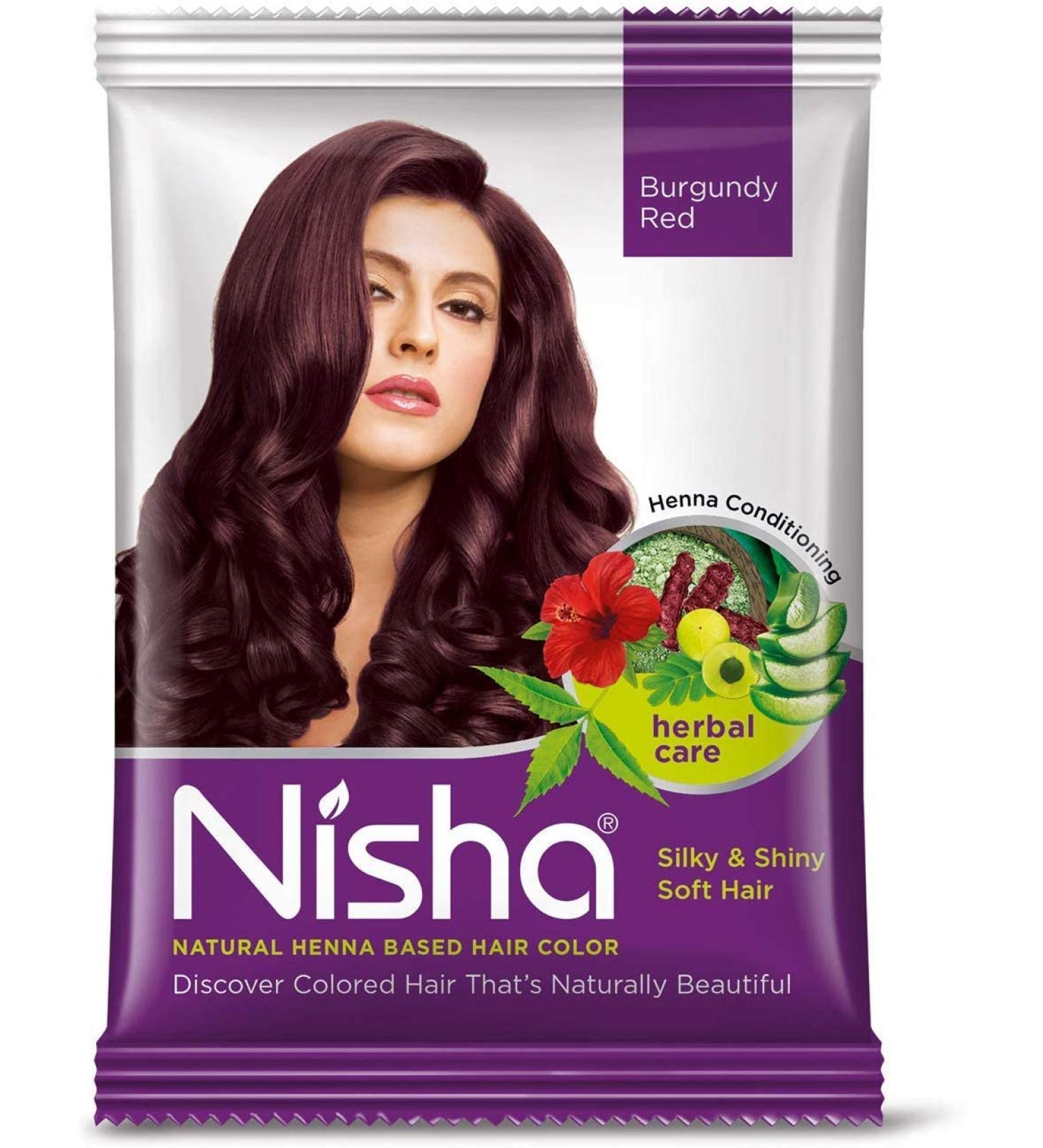 Nisha Lot de 12 colorations pour cheveux au henn rouge bordeaux avec amla shikakai hibiscus aloe vera ayurv dique herbes soin des cheveux avec autocollant Kajal Rouge bordeaux (lot de 12) - Buy Online on GoSupps.com