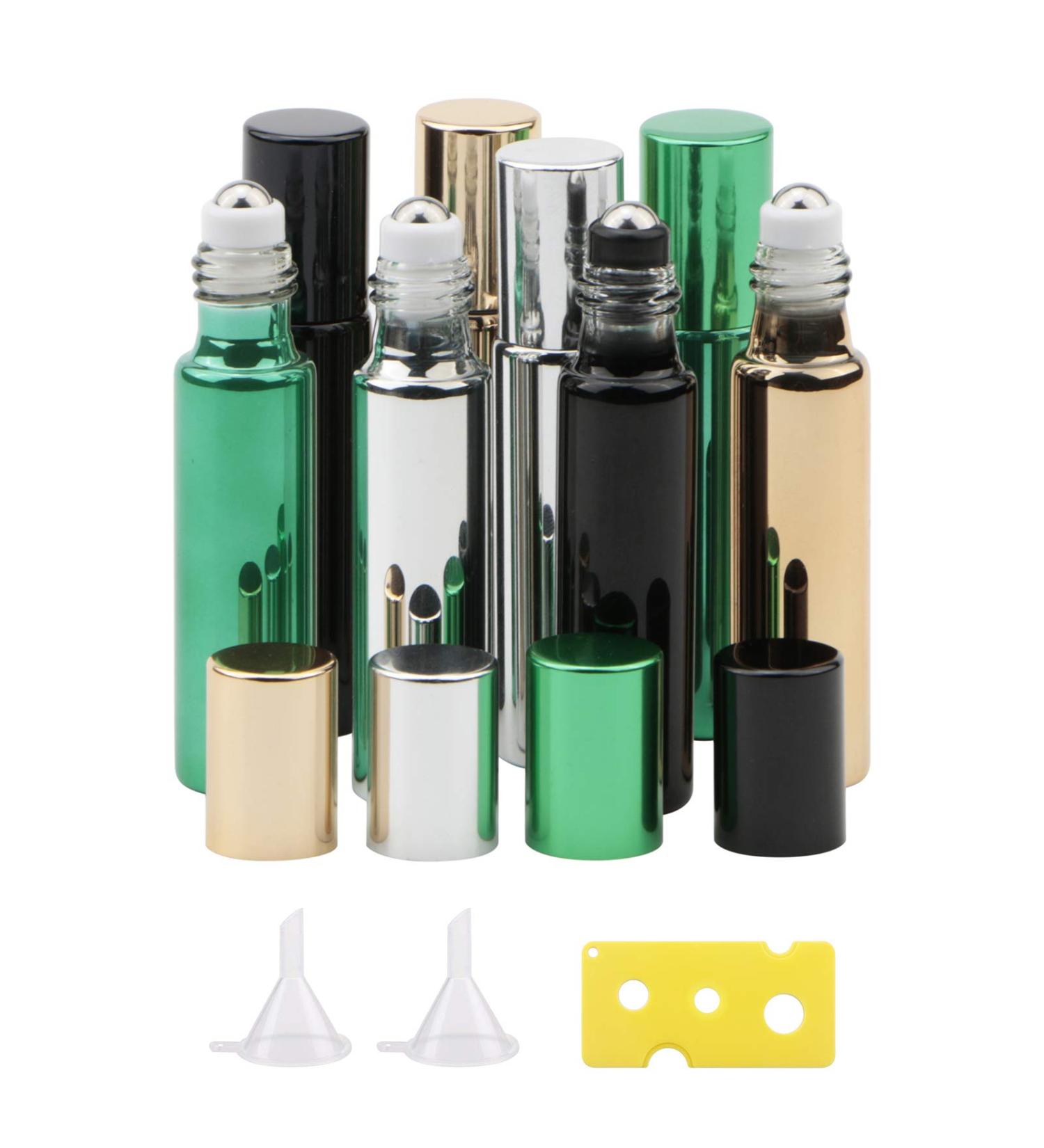 JIUWU 8pcs Essential Oil Roller Bottles - 10ml Stainless Steel Refillable Perfume Vials with Droppers & Opener | Organic Beauty (4 Colors - Buy Online on GoSupps.com
