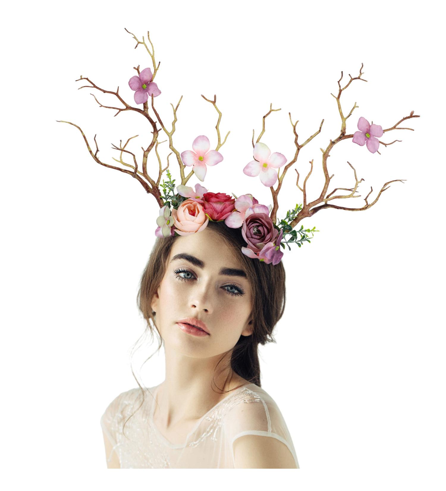 FRESHME Fairy Flower Antlers Crown Headband - Handmade Pink Floral Reindeer Hair Accessory for Women and Girls - Buy Online on GoSupps.com