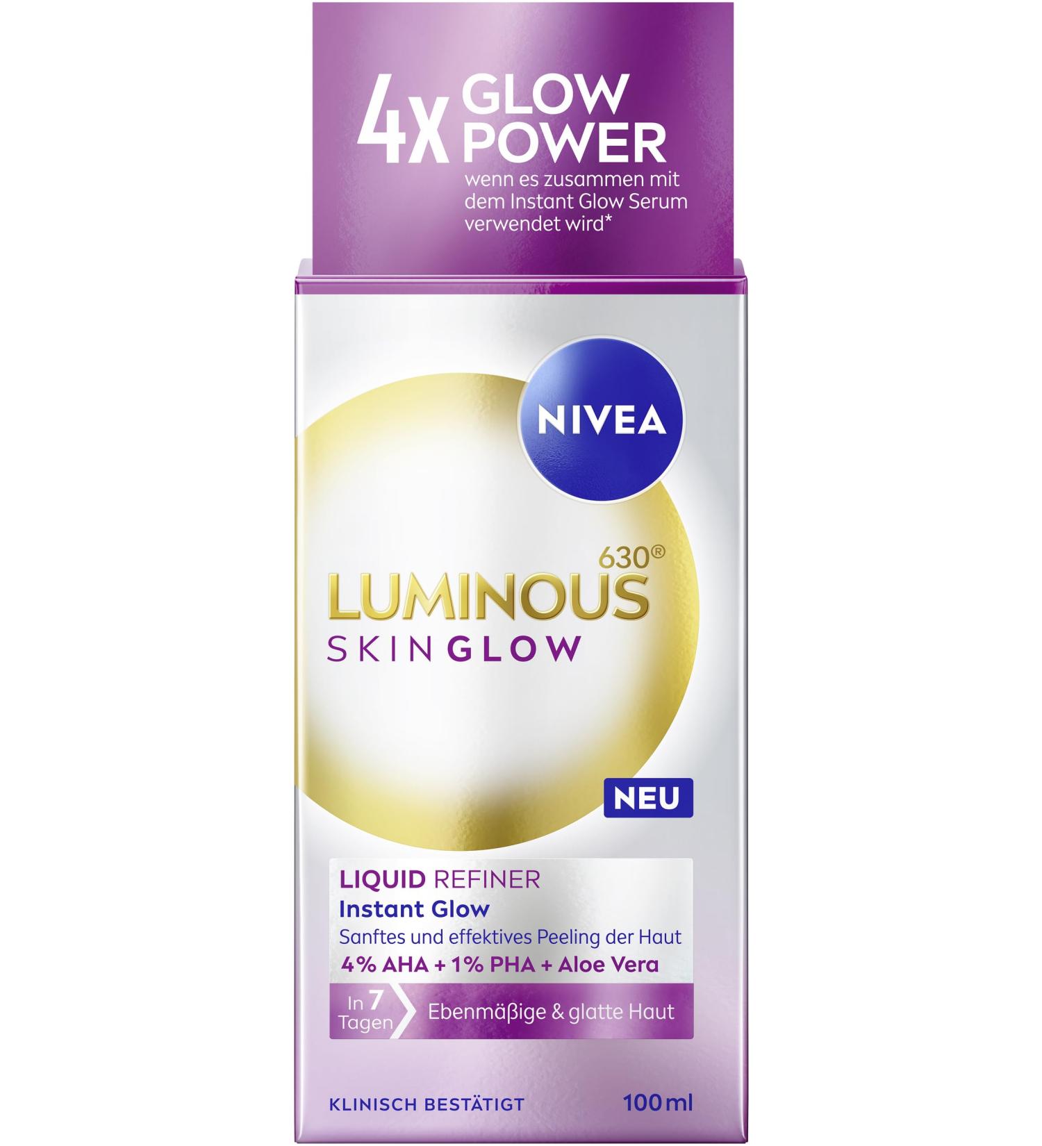 NIVEA LUMINOUS630 Skin Glow Liquid Refiner exfoliant doux et efficace AHA pour une peau uniforme et lisse soin du visage raffermissant les pores avec 4% d'AHA 1% de PHA et d'aloe vera (100 ml)