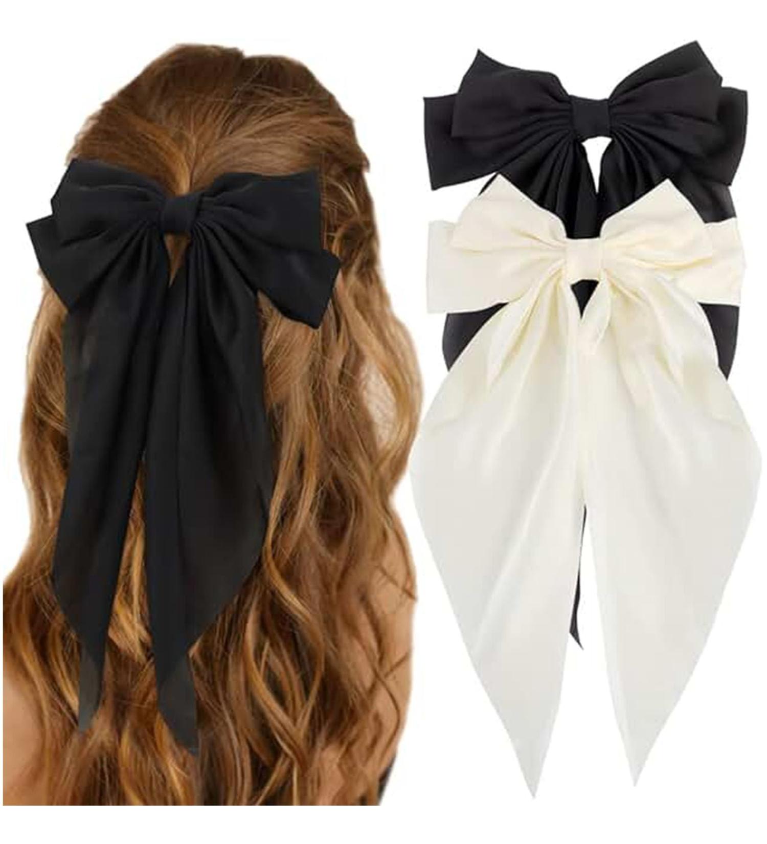 Hair Clips with Long Satin Soft Satin Hair Clip French Butterfly Bow Clip Big Bow Hairpin Silky Hair Bows for Women Black/Beige - Buy Online on GoSupps.com