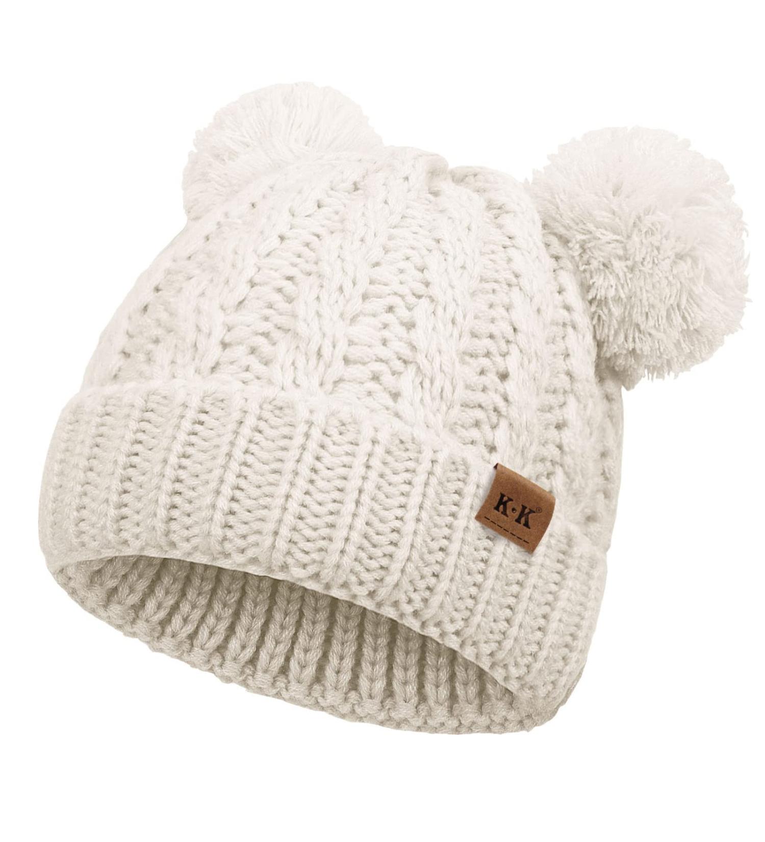 Baby Girls Double Pom Pom Bobble Hat - Warm Knitted Beanie for Toddlers 1-6Y, White - Buy Online on GoSupps.com