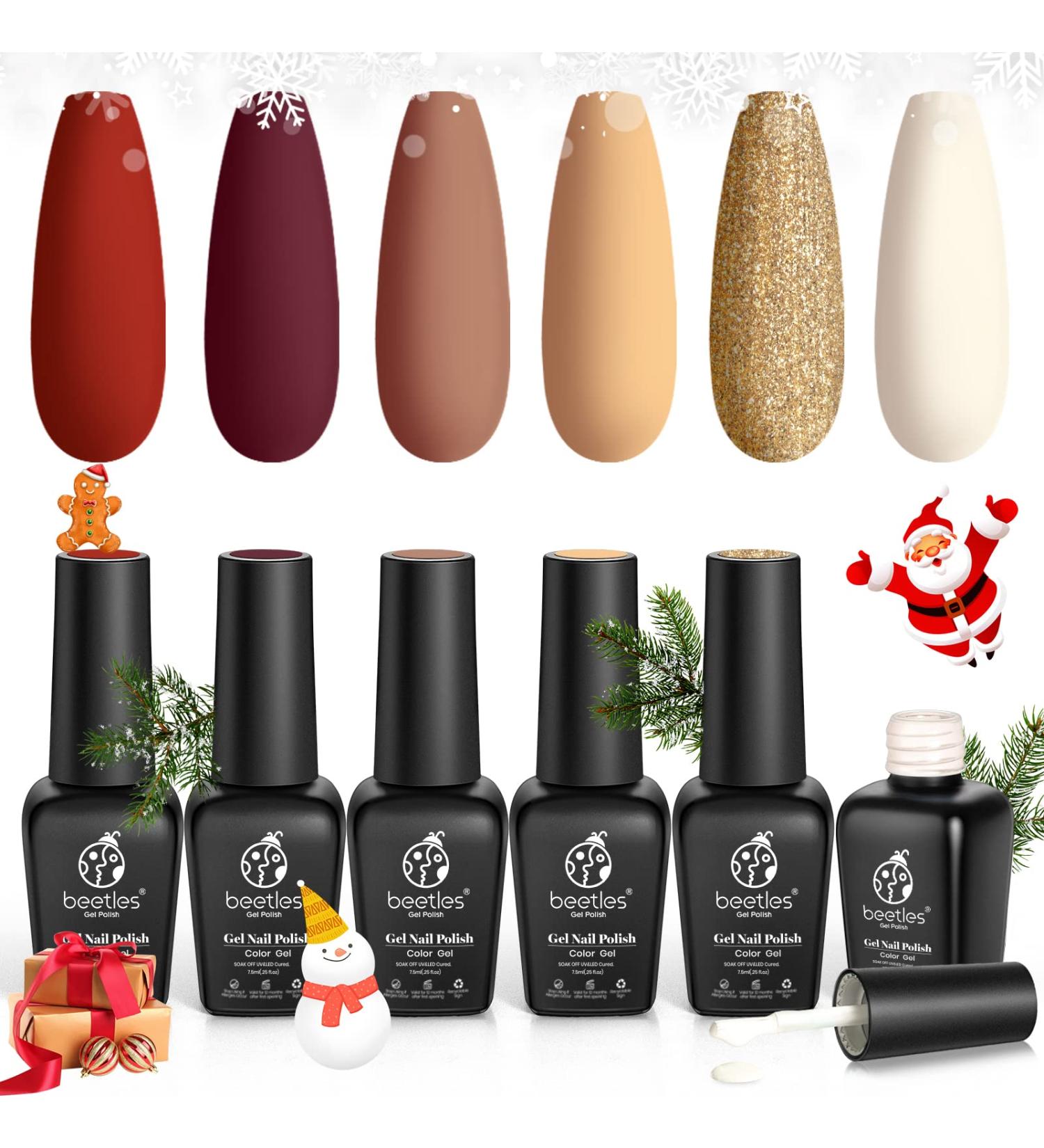 Beetles 6 Color Gel Nail Polish Set - Modern Retro Fall/Winter Shades - Soak Off Gel Polish Kit with LED Lamp - Christmas Nail Art DIY at Home - Brown, Yellow, Gold Glitter, Wine Red - A-Modern Retro Collection - Buy Online on GoSupps.com