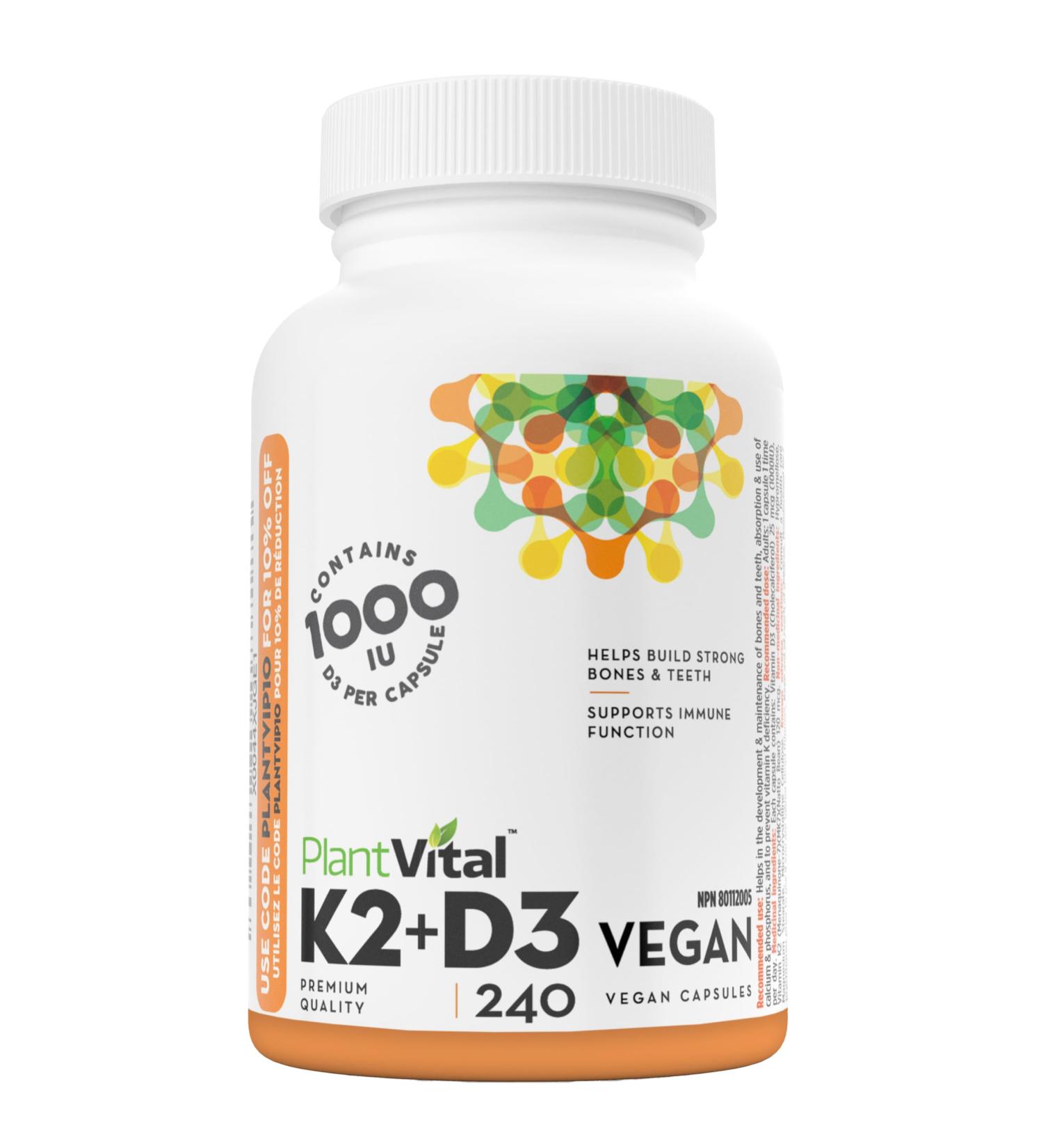 PlantVital High-Potency Vegan Vitamin D3 + K2 - (1000IU / 25 mcg + 120 mcg) for Bones Teeth Good Health and Immune System - Patented MK7 Form - K2 D3 vitamin - 8 Months Supply - 240 Capsules. 240 count (Pack of 1) - Buy Online on GoSupps.com