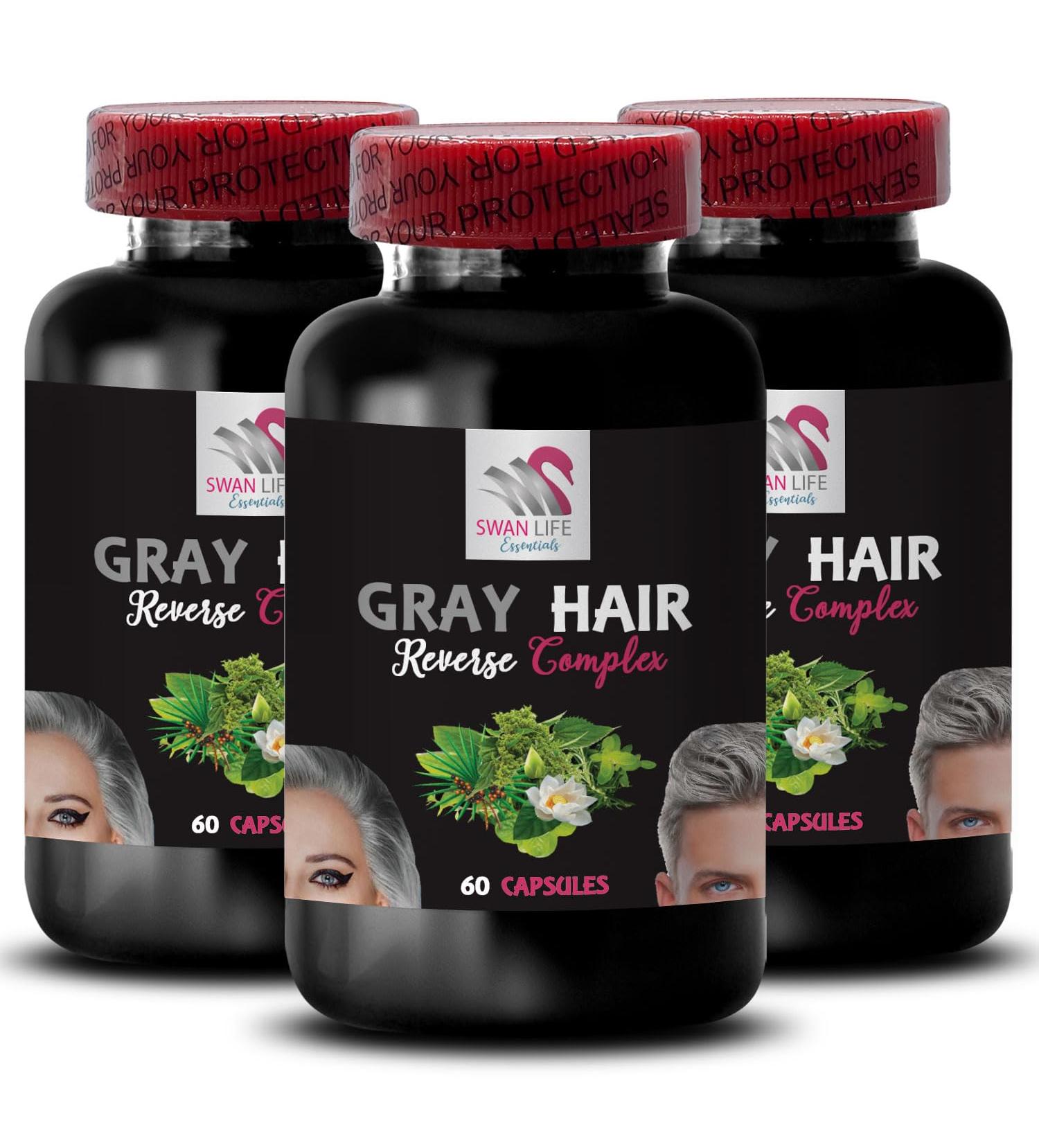 Biotin - GRAY HAIR REVERSE - Color restoration Youthful hair Hair enrichment Stinging Nettle Root Luminous hair Restore vibrancy Natural shade Glossy hair Fresh vibrancy 3 Bottles 180 Caps - Buy Online on GoSupps.com