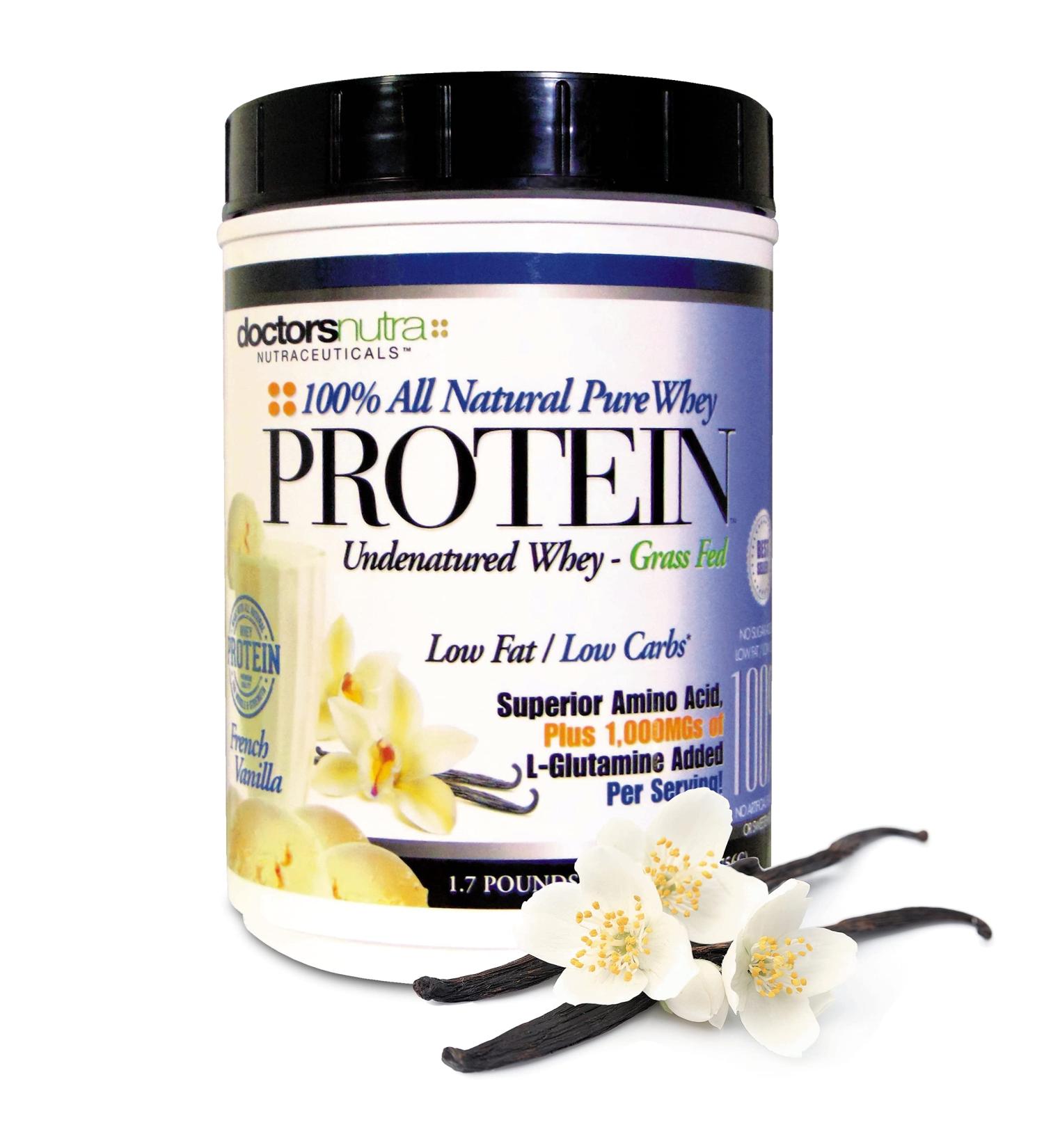 Pure 100% Undenatured Grass Fed Whey Protein | Doctors Nutra | Low Carb Low Fat | Rich Vanilla Flavor | No Artificial Ingredients | 1000mg L-Glutamine - International Shipping - Buy Online on GoSupps.com