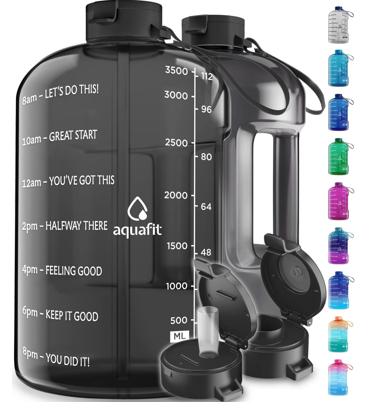 AQUAFIT 1 Gallon Water Bottle with Times to Drink - 128 oz - Motivational Time Marker - Large Sports Jug - Gym Hydration Tracker - Black Gray - Buy Online on GoSupps.com