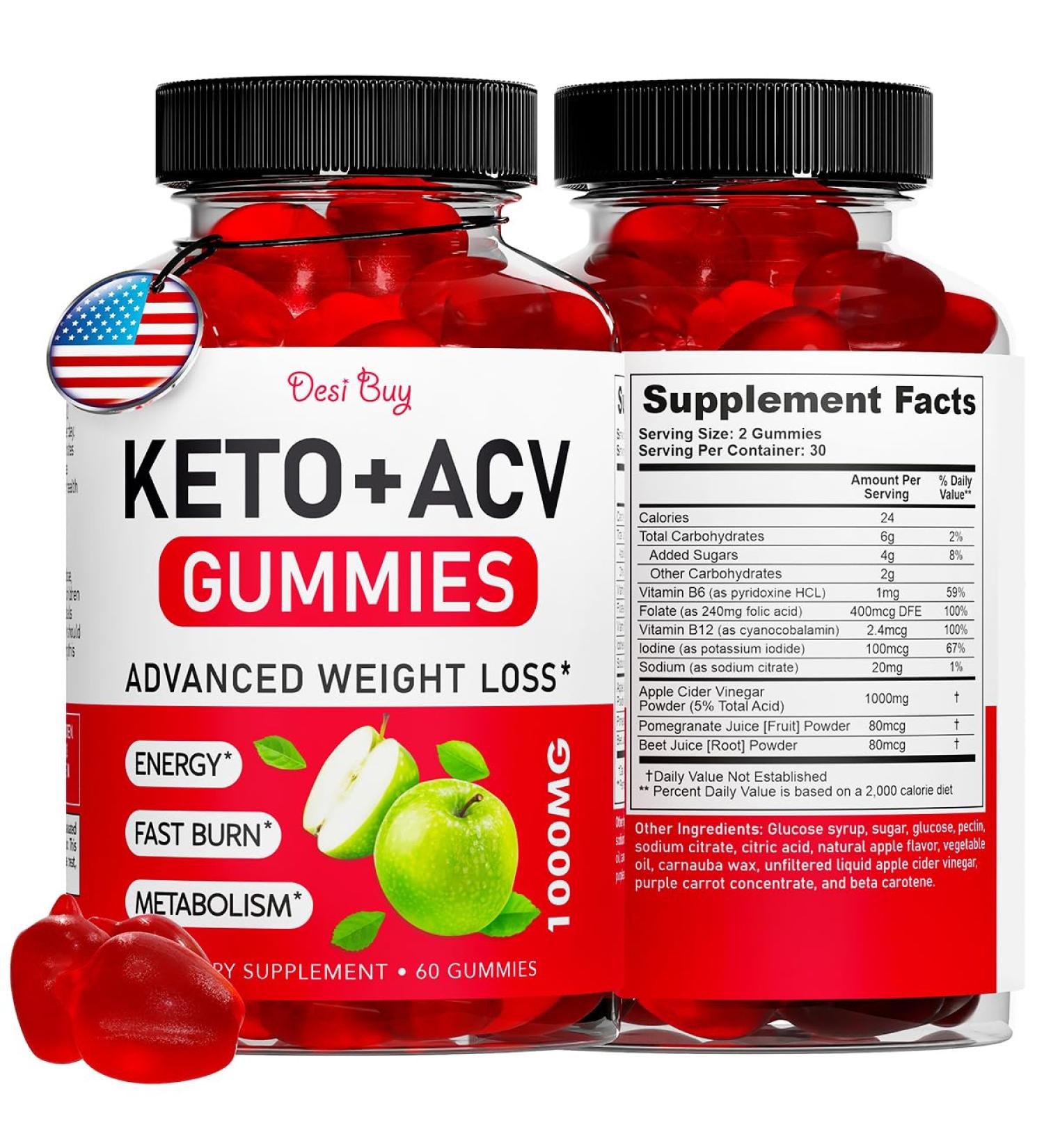 Keto ACV Gummies - Advanced Apple Cider Vinegar Supplement 1000 mg Gluten-Free Delicious Apple Flavor for Men & Women Made in USA - Buy Online on GoSupps.com